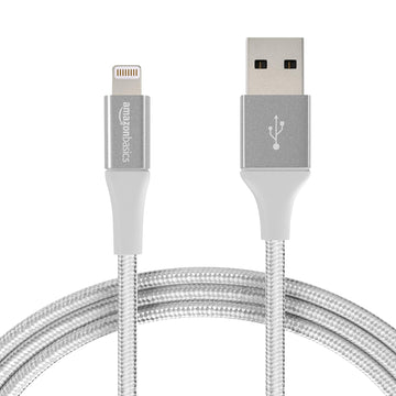 AmazonBasics Double Nylon Braided Apple Certified Lightning to USB Charge and Sync Tough Cable, 6 Feet (1.8 Meters) - Silver