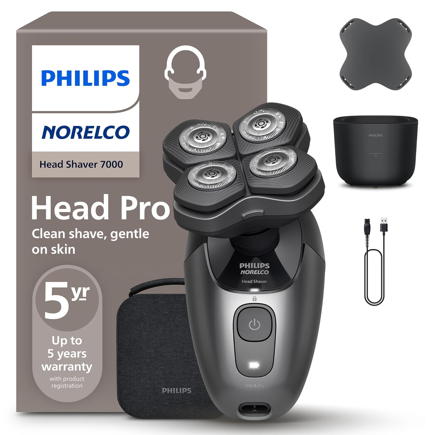 Philips Norelco Head Shaver Pro 7000 Series - Skull Shaver for Men and Women, 360° Flexing Head & ComfortCut Blades for Clean Shave, Gentle on Skin, Model HS7980/40