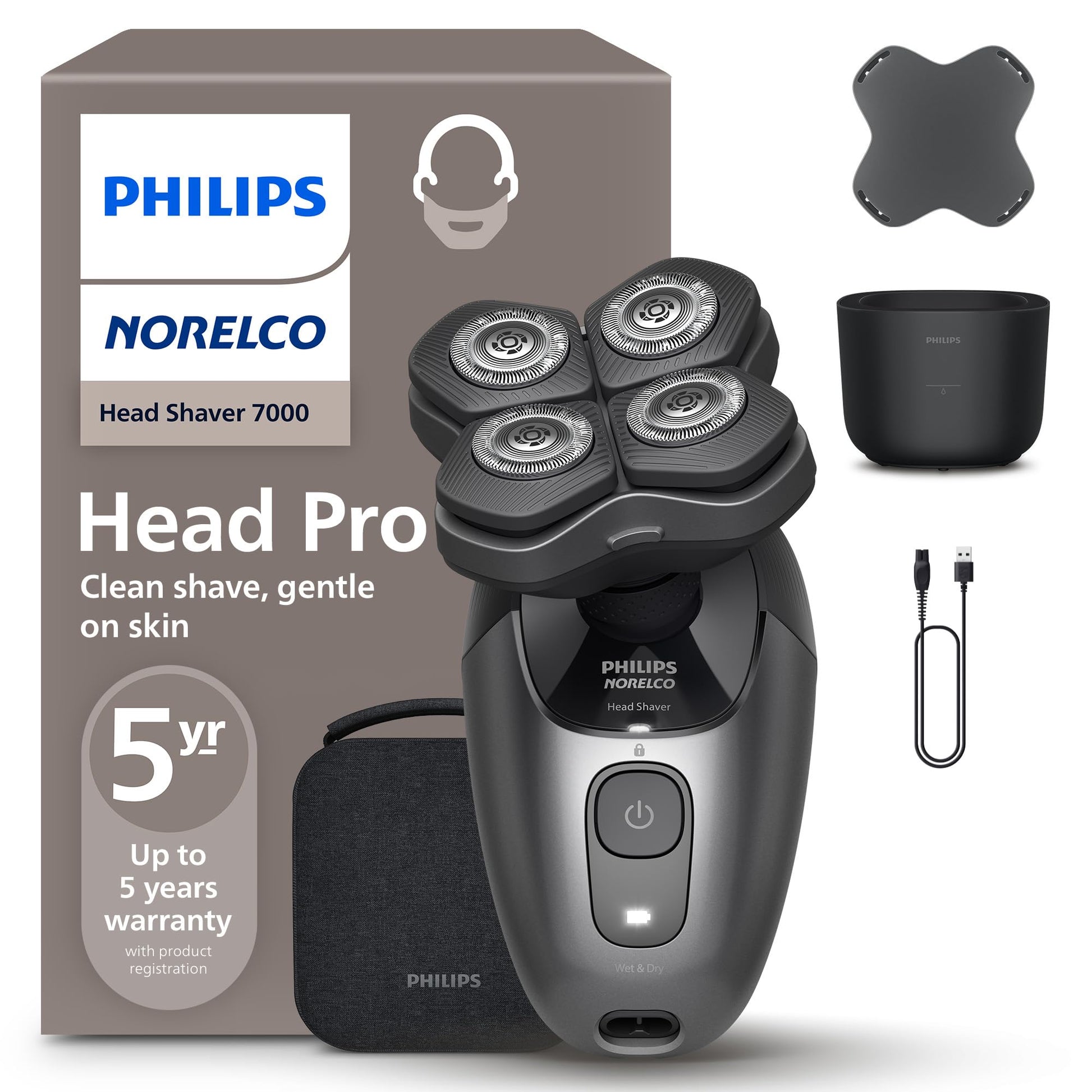 Philips Norelco Head Shaver Pro 9000 Series - Skull Shaver for Men and Women, 360° Flexing Head & ComfortCut Blades for Clean Shave, Gentle on Skin, Model HS9980/40
