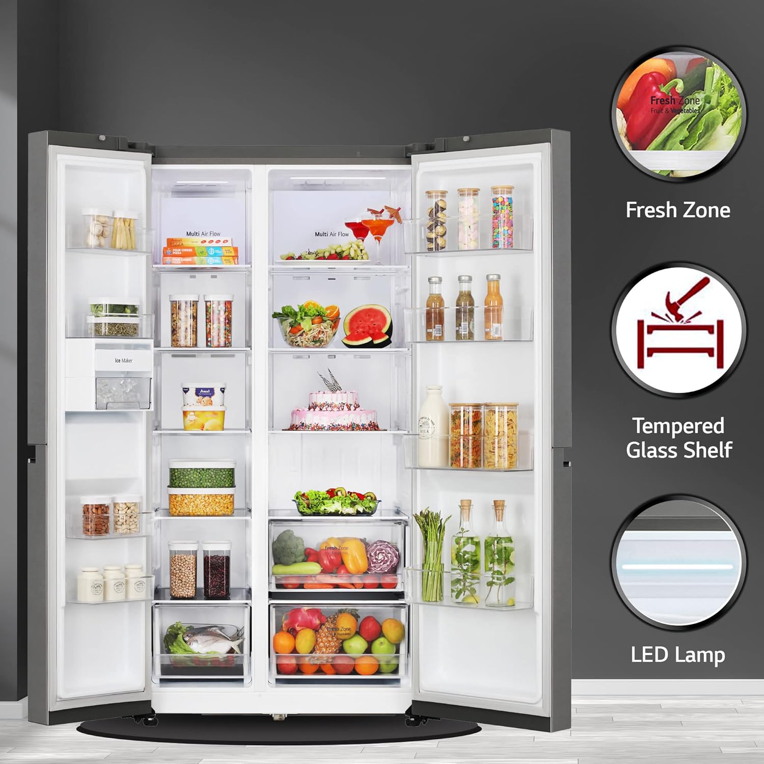 LG 655 L, 3 Star, Frost-Free Smart Inverter Double Door Side-By-Side Refrigerator (GL-B257HDSY, Dazzle Steel, Smart Diagnosis, Express Freeze | Multi Air-Flow)
