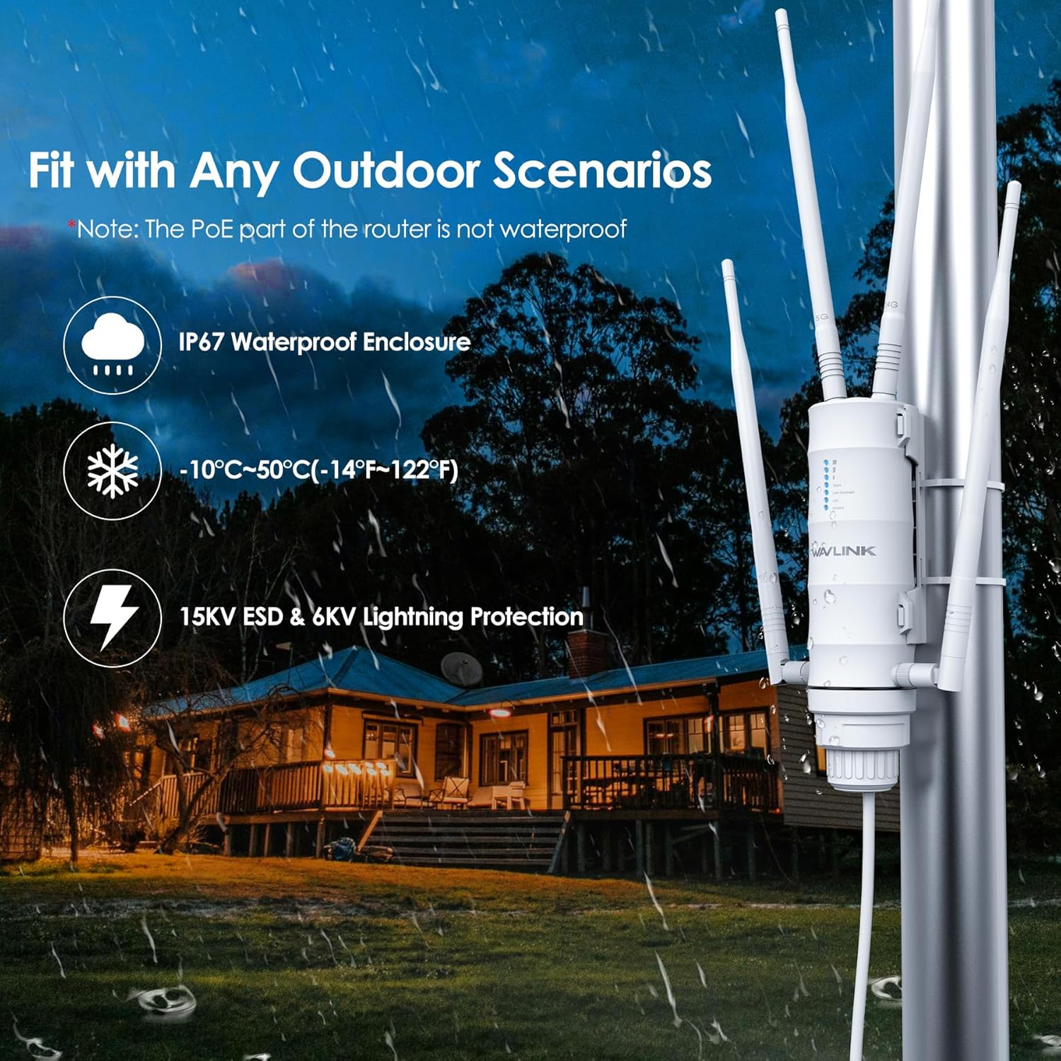 AC1200 Outdoor WiFi Extender WAVLINK, Weatherproof Wireless Outdoor Access Point, High Power Long Range WiFi Extender Signal Booster with POE, 4x7dBi Antennas, Dual Band, AP/Router/Repeater Mode