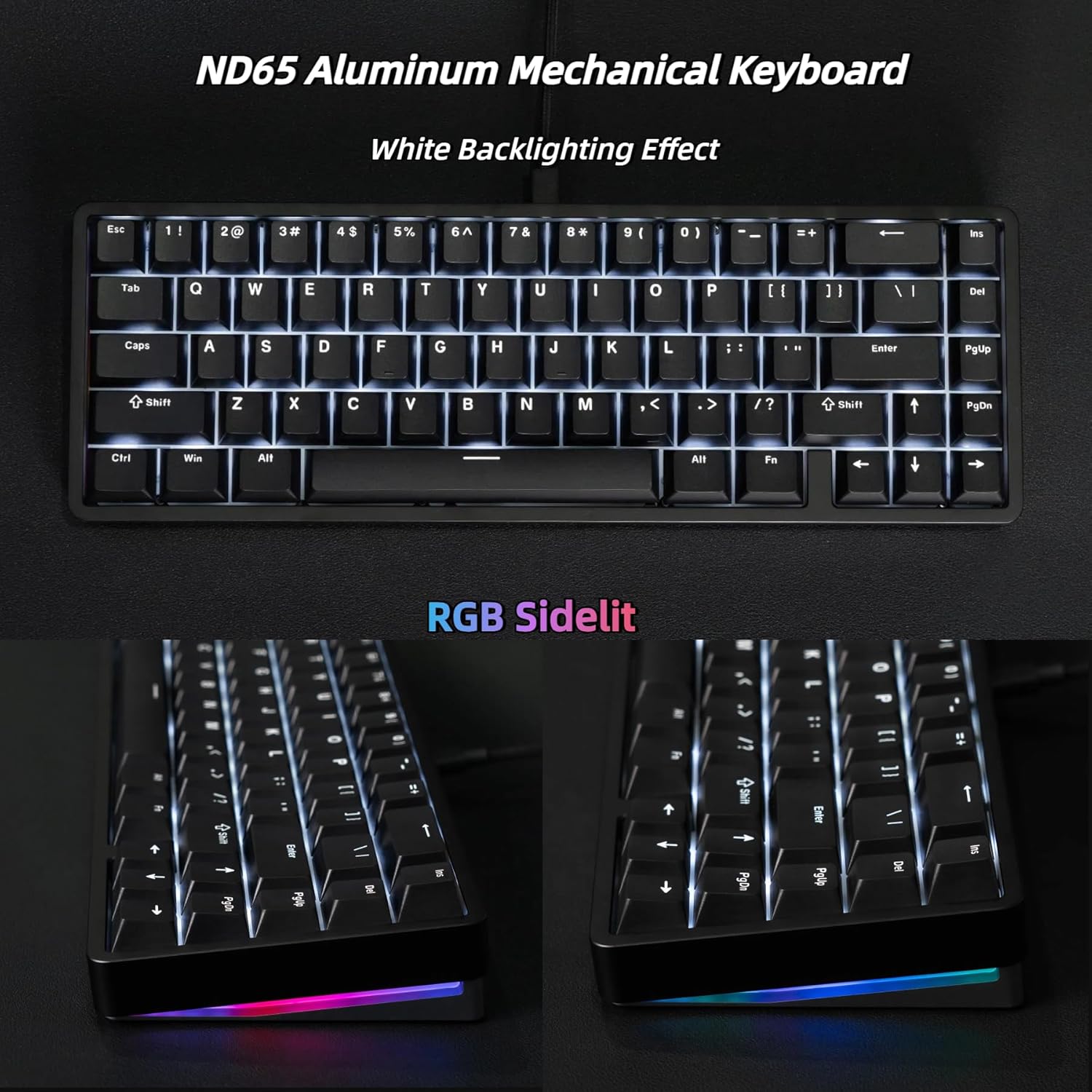 Chilkey ND65 Wired Aluminum Mechanical Keyboard, 65% Layout Portable Gaming Keyboard, PBT Doubleshot Keycaps, Hot Swappable Custom Keyboard for Laptop and Office PC - Black