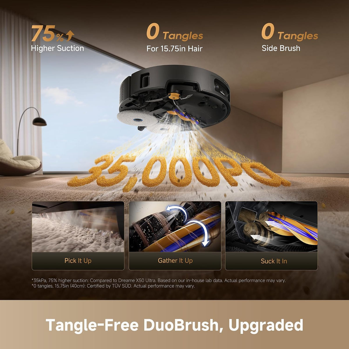 dreame X60 Ultra Robot Vacuum, Dual Al Cameras 280+ Obstacles Recognition | 35,000Pa Suction & 100% Detangling for Hair, Ultra-Thin Design for Low Spaces Cleaning, All in One Station
