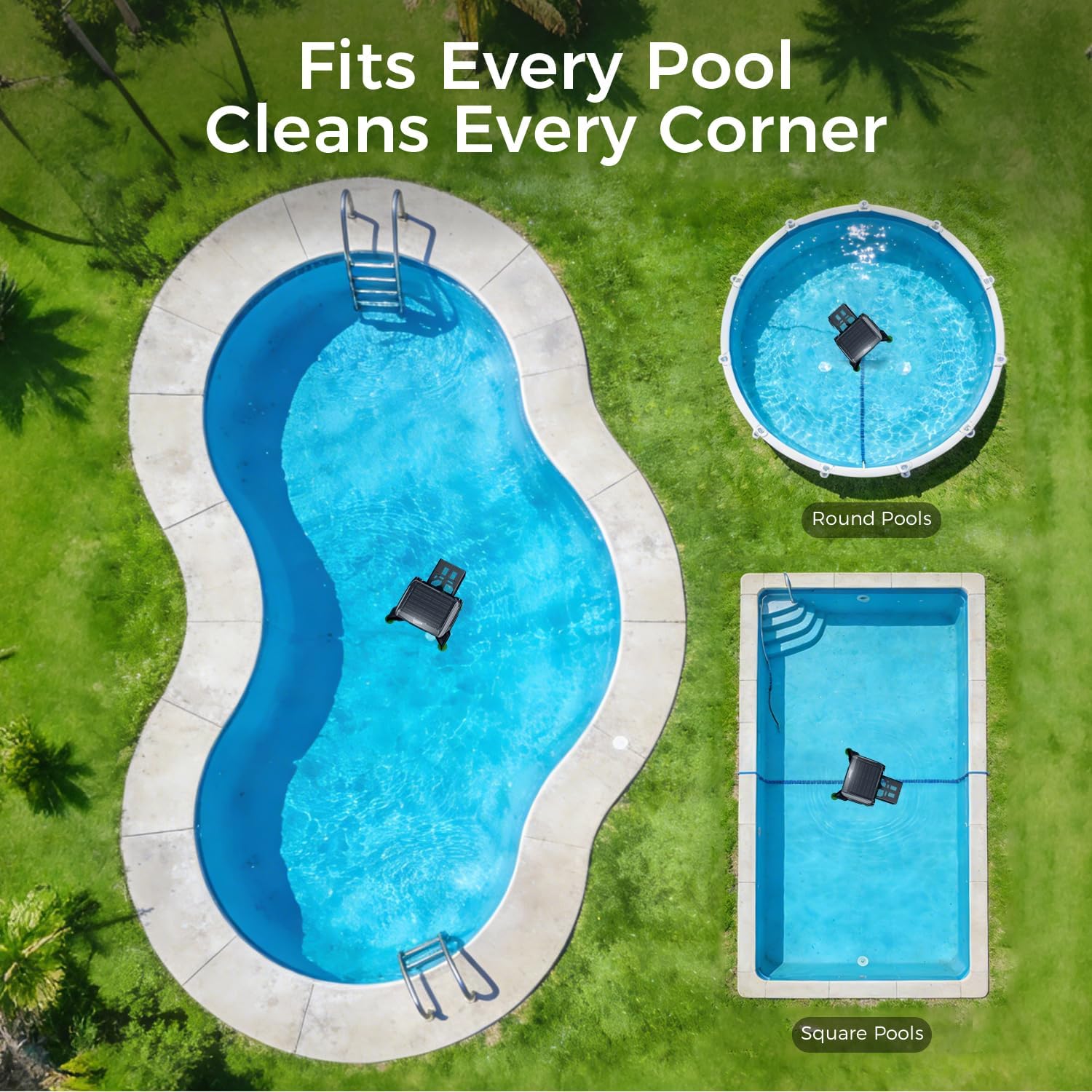 Solar Powered Pool Skimmer Robotic, Automatic Pool Surface Cleaner with APP Support, 24/7 Continuous Cleaning, Dual Charging Modes, Twin Salt Chlorine Tolerant Motors, Ideal for All Swimming Pool