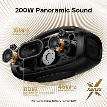 Tribit StormBox Blast 2 Bluetooth Speaker, 200W Portable Speaker with Subwoofer, XBass, LED Lights, Bluetooth 5.4, IP67, Custom EQ, 30H Playtime, Karaoke Function - Perfect for Outdoor Party/Garden