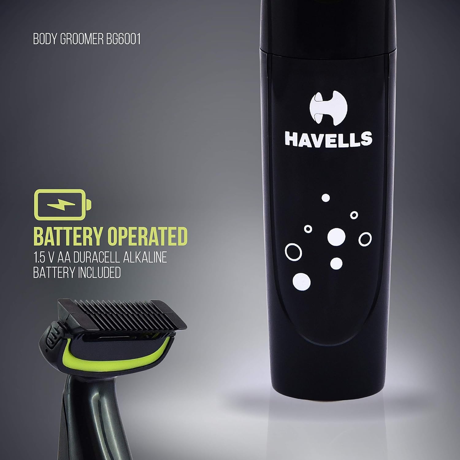 Havells BG6001, Battery Operated Body Trimmer for Body Trimming & Private grooming Including Groin (Black/Green)