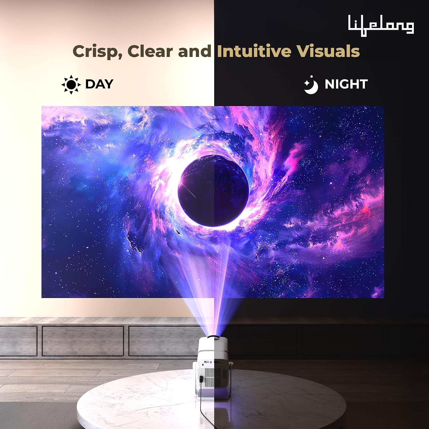 Lifelong Electronics Lightbeam X Smart Projector | Android, 1080P & 4K Ultra HD Support, 2X 3500 Lumens, 720p Native | For Room & Outdoors | All OTT Apps | WiFi/BT,Mirroring,USB,ARC,HDMI,180°,Speakers