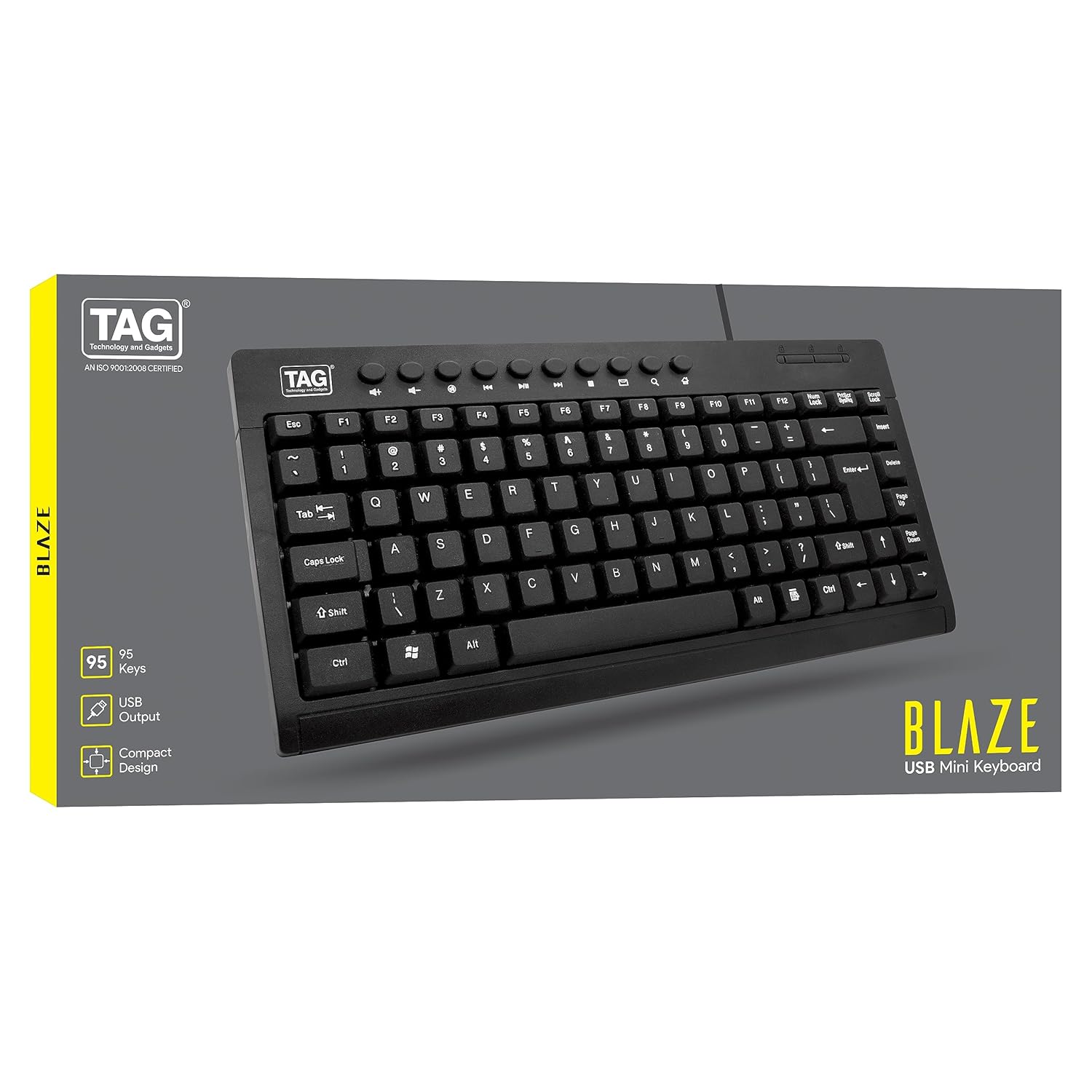 TAG Blaze Mini USB Wired Membrane TenKeyLess Keyboard | 95 Keys with Dedicated Media Control Buttons | Compact Design | Sleek and Slim | Silent Performance | Plug and Play for PC, Laptop, Mac (Black)