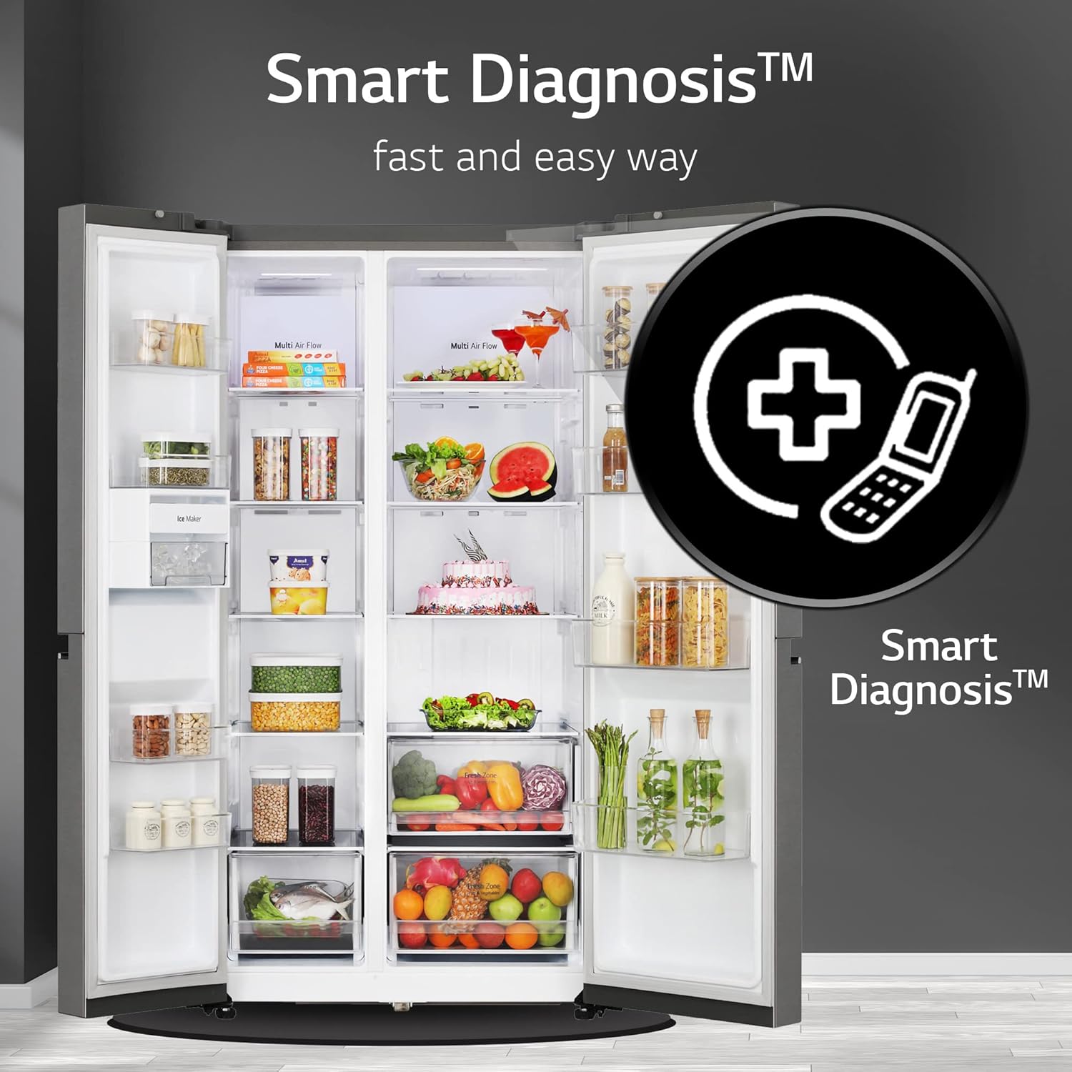 LG 655 L, 3 Star, Frost-Free Smart Inverter Double Door Side-By-Side Refrigerator (GL-B257HDSY, Dazzle Steel, Smart Diagnosis, Express Freeze | Multi Air-Flow)