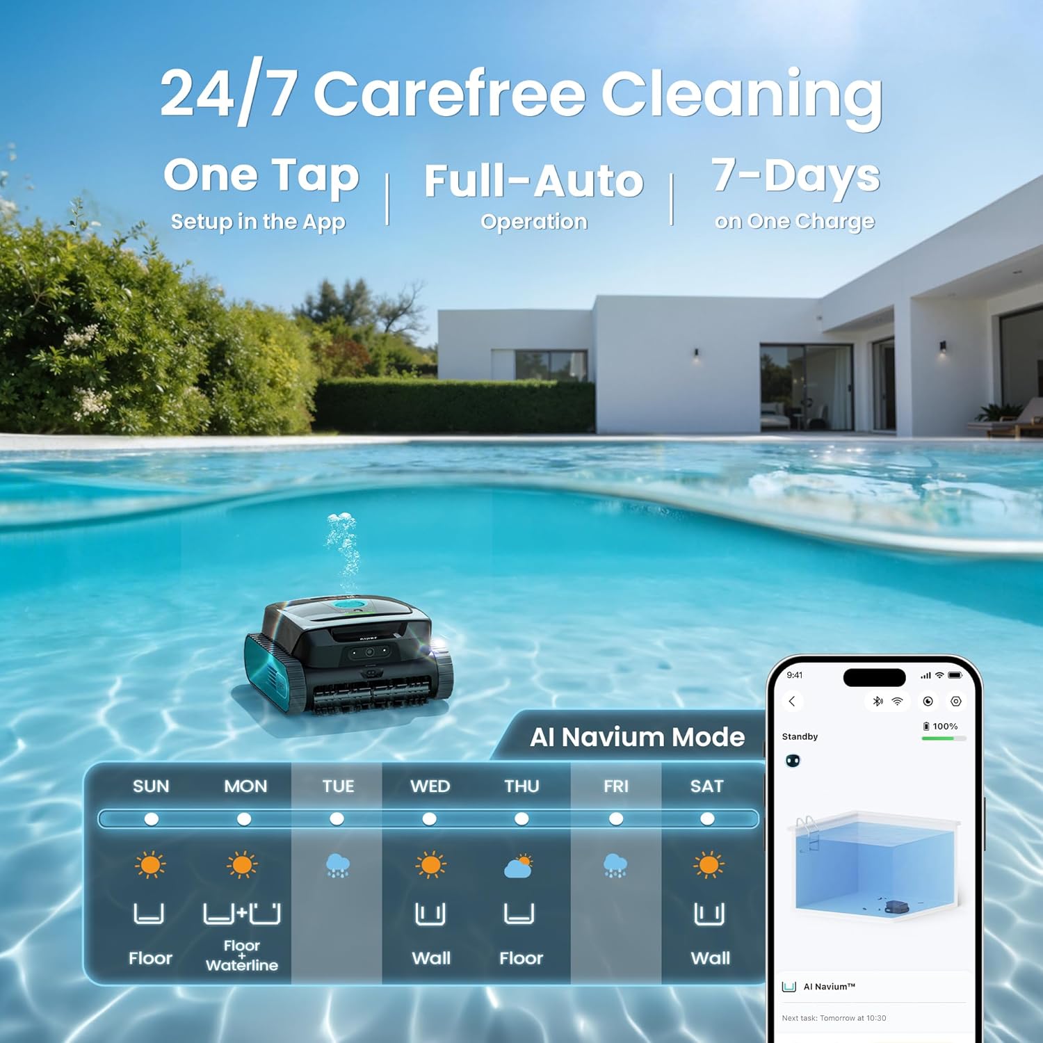 AIPER Scuba V3 AI Vision Cordless Robotic Pool Cleaner, 10x Faster Pool Cleaning with AI Patrol, 24/7 Auto Cleaning, Smart Waterline Parking & Multi-Layer Filtration, Blue