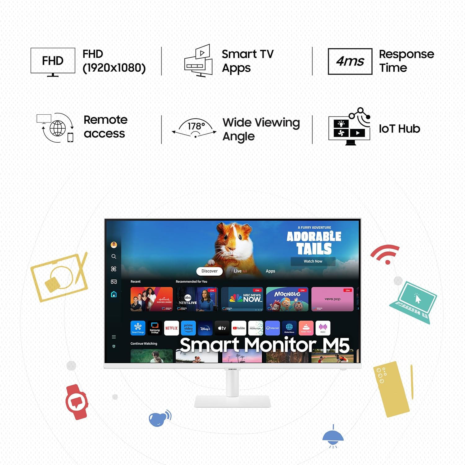 Samsung 32" (80cm) M5 Smart Monitor with Smart TV Experience|FHD 1920 x 1080|Bezeless|OTT Apps|IoT Hub|Office 365|Workout Tracker|Speakers|Remote|Wi-Fi|Bluetooth|LS32DM501EWXXL|White