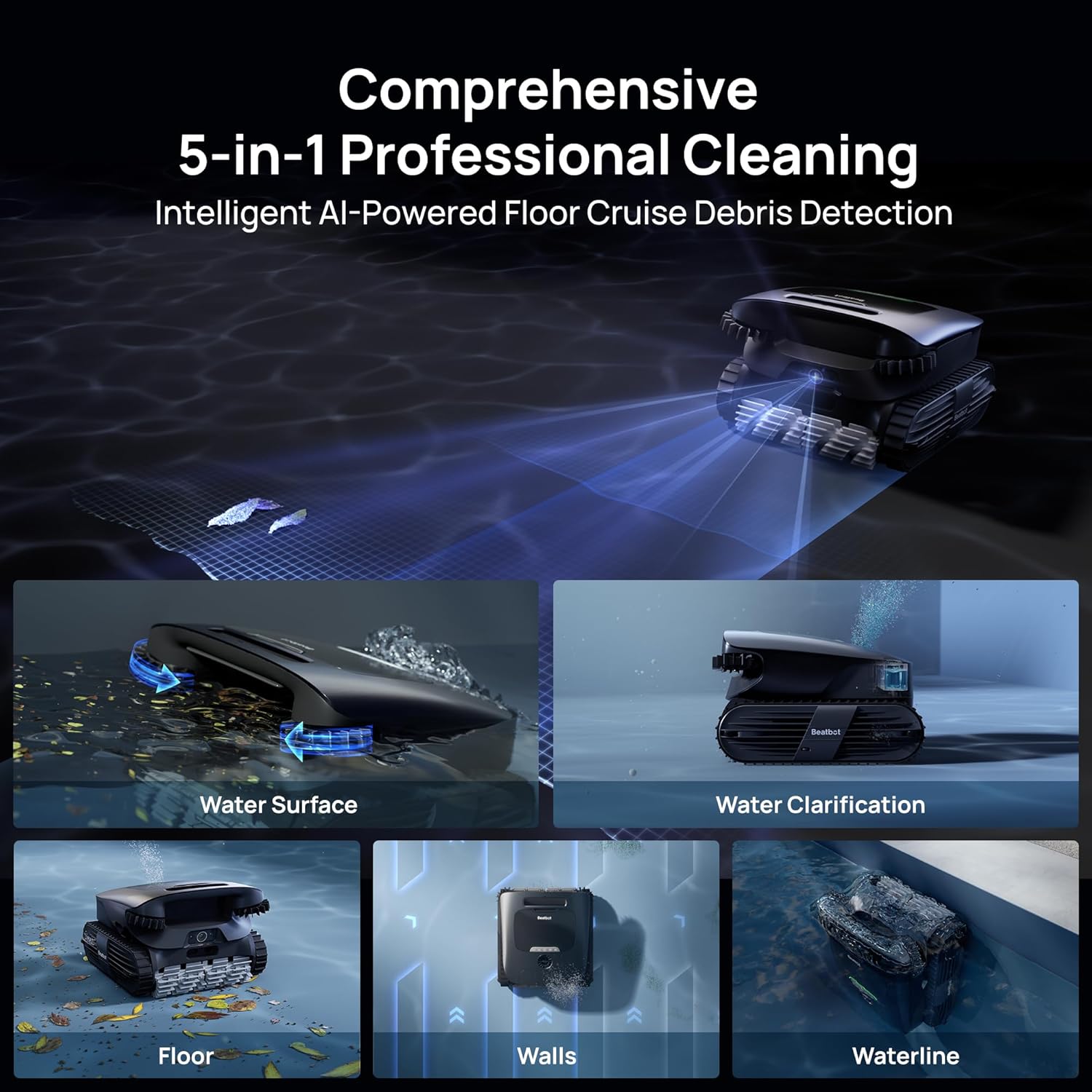 Beatbot AquaSense 2 Ultra Cordless Pool Vacuum Robot with Charging Dock Station-Pool Mapping with AI Camera, 5-in-1 Cleaning, Water Surface Cleaning, Water Clarification, Smart Surface Parking