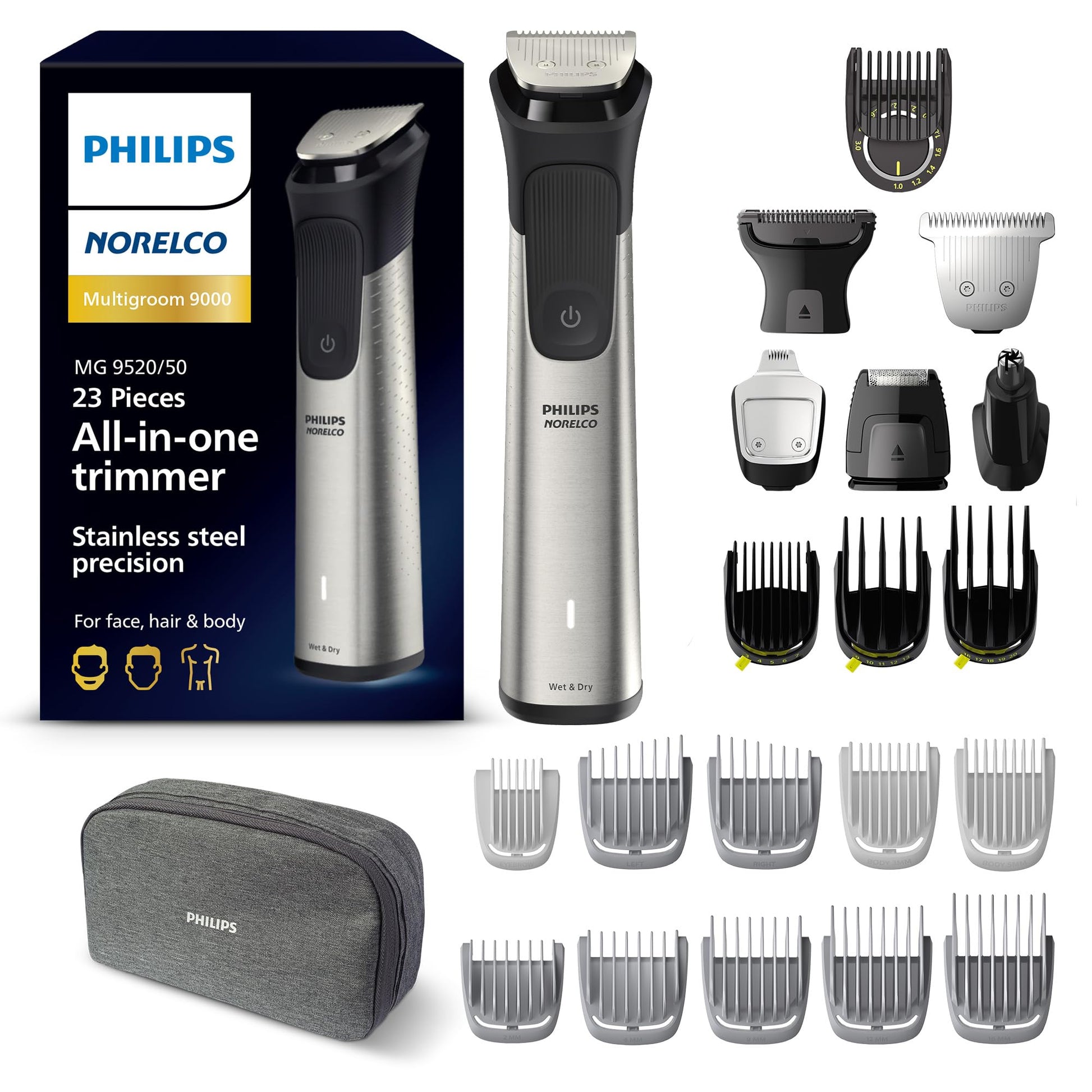 Philips Norelco Multigroom Series 9000-21 Piece Men's Grooming Kit for Beard, Body, face, Nose, Ear Hair Trimmer w/Premium Storage case, MG9510/60