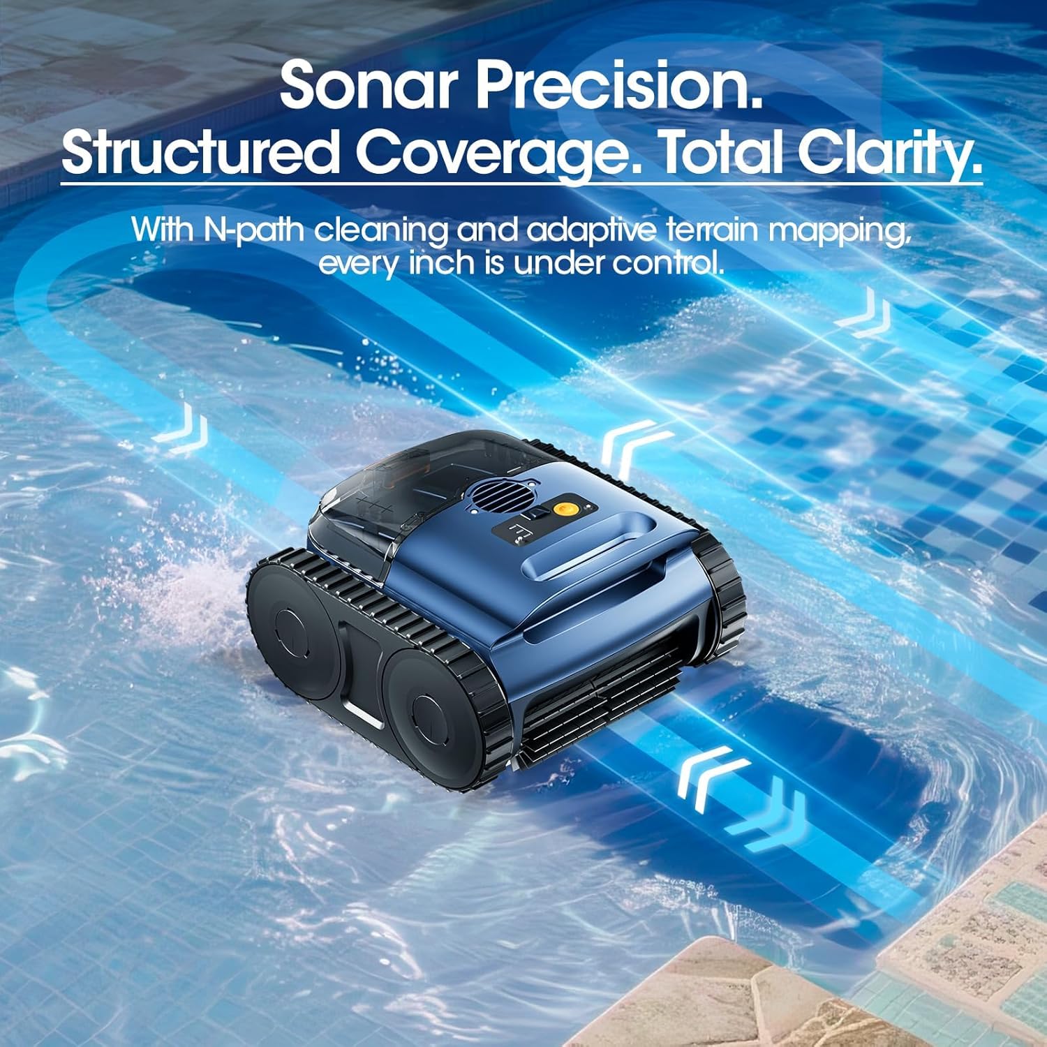 RERIOU Cordless Robotic Pool Vacuum, Pool Cleaner with Track Drive, Sonar Navigation, 180W Brushless Motor, Wall Waterline Climbing, 150-Min Runtime, for Inground Above Ground 2150 Sq. Ft.