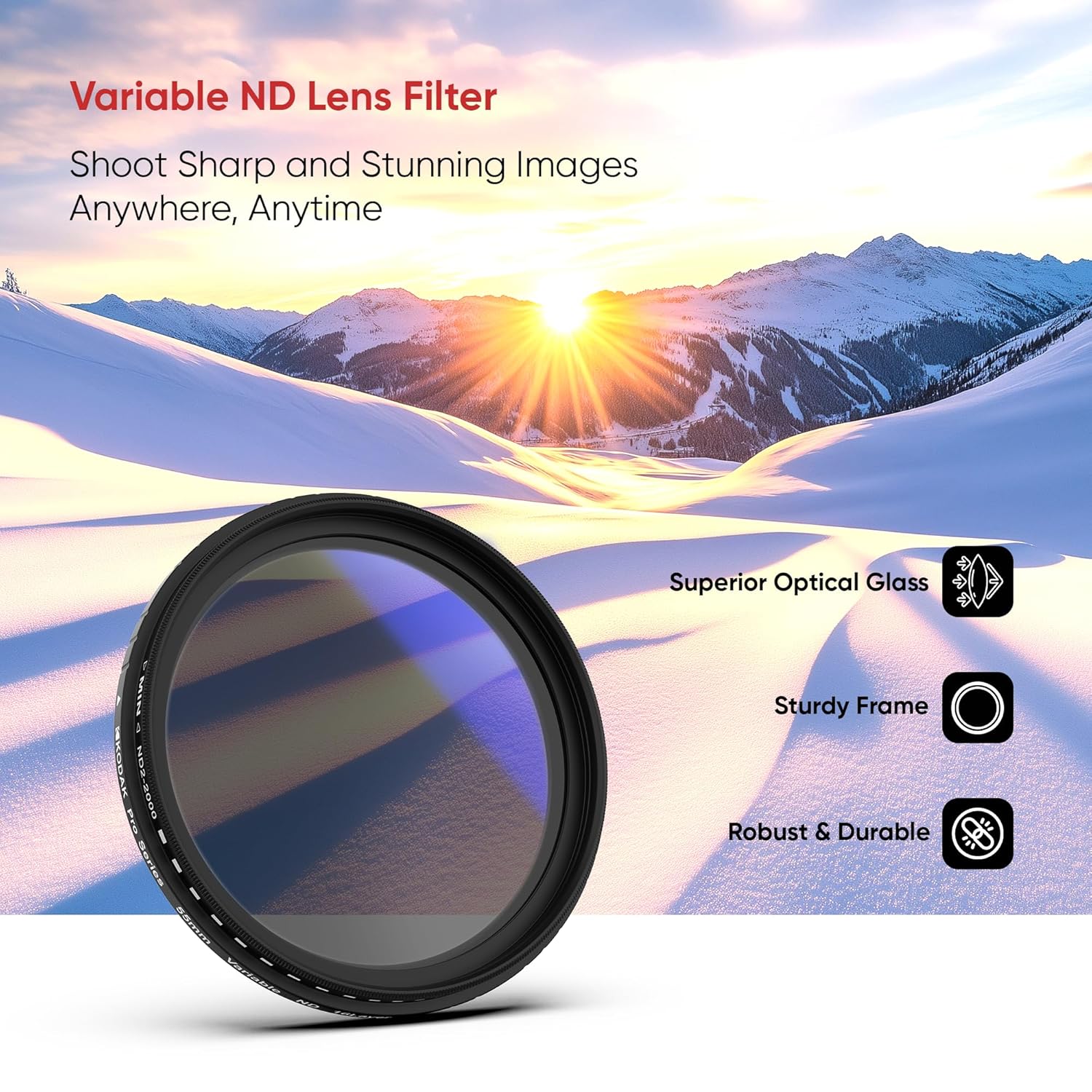 Kodak 55mm Camera Lens VND Filter Pro Series|11 Stops for ND2-ND2000|16 Layer Coating for DSLR Camera Lens Protection from UV Rays, Dust & Scratches|Variable Neutral Density|Black