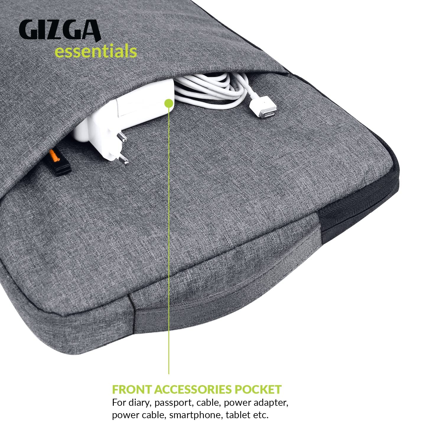Gizga Essentials 13.3 Inch Laptop Sleeve Case Cover Bag with Extra Pouch, Front Pocket & Handle| Slim & Water-Resistant Nylon Fabric with Shockproof Foam Padding, Soft Lining & Premium Zipper (Grey)