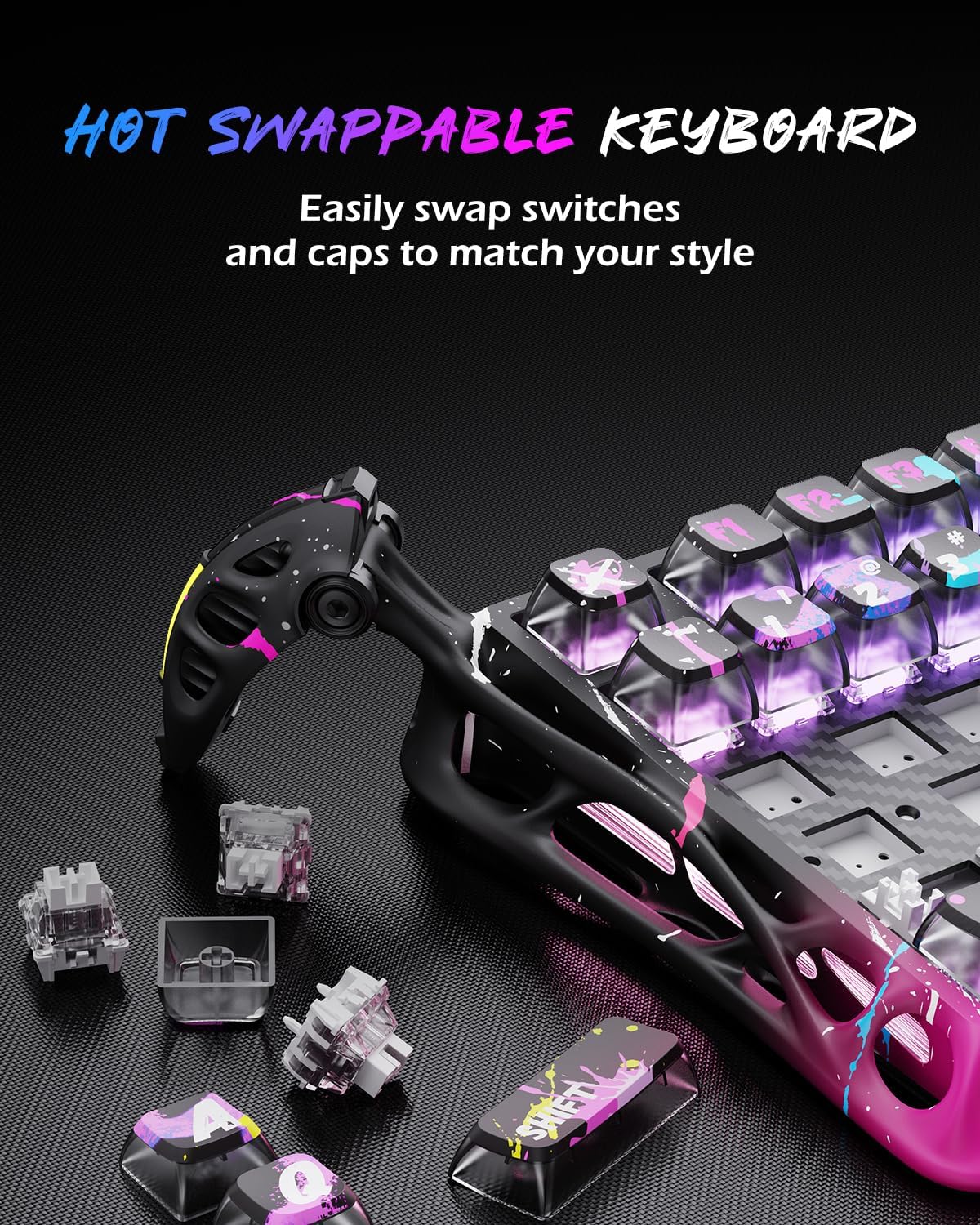 GravaStar Mercury V75 Pro 75% Hall Effect Magnetic Switch Gaming Keyboard, Only Wired, Hot‑Swappable, 8000 Hz Polling, Dual‑Zone RGB, Semi‑Aluminum Frame - Neon Graffiti