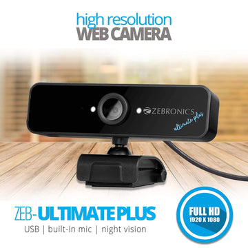 ZEBRONICS Zeb-Ultimate Plus USB Powered high Resolution Web Cam with 5P Lens and Full HD1920x1080,Built-in mic, Night Vision with Control pod for Brightness with 1.5M Cable, Optical Zoom