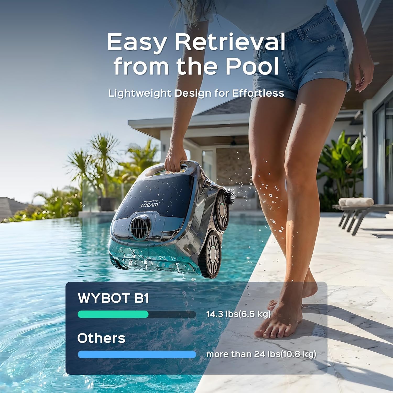 WYBOT B1 Cordless Robotic Pool Vacuum, Quad-Roller Brushes for Edge Cleaning, Smart Pool Cleaner Robot for Inground & Above Ground Pools, High Obstacle Crossing, App Control, Silver Gray