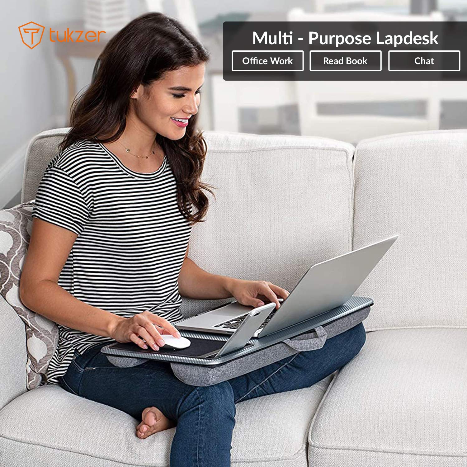 Tukzer Lap Desk Fits up to 17-Inch Laptop Angled Pillow Cushion with Built-in Mouse Pad & Phone Holder(Carbon Fiber)