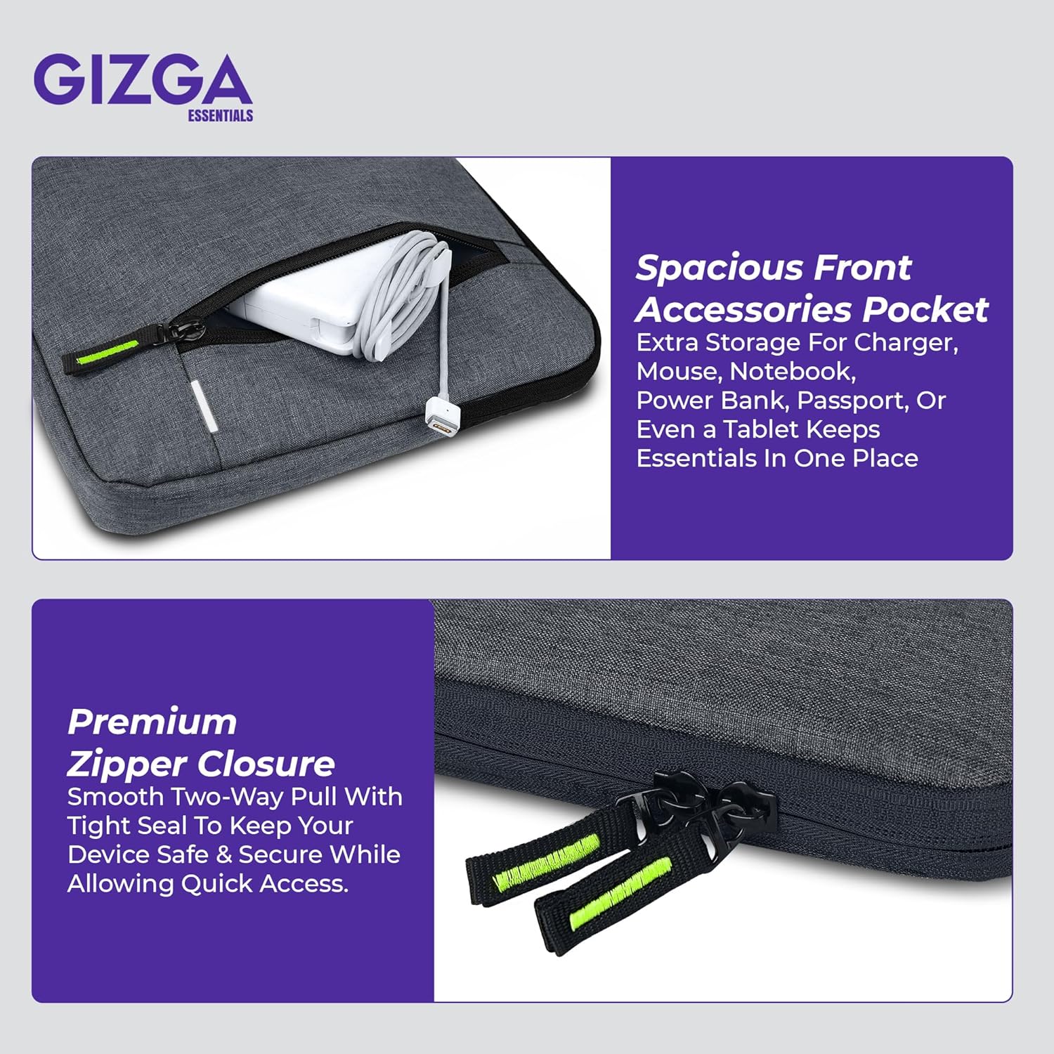 Gizga Essentials 15.6 Inch Laptop Sleeve Case Cover Pouch Bag with Handle & Front Pocket| Slim & Water-Resistant Nylon Fabric with Shockproof Foam Padding, Soft Lining & Premium Zipper Closure (Grey)