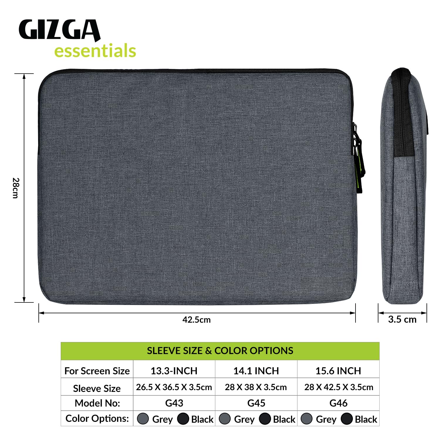 GIZGA essentials Laptop Bag Sleeve Case Cover Pouch for 15.6 Inch Laptop/MacBook, Office/College Laptop Bag for Men & Women, Side Handle, Multiple Pockets, Water Repellent, Shock Absorber, Grey