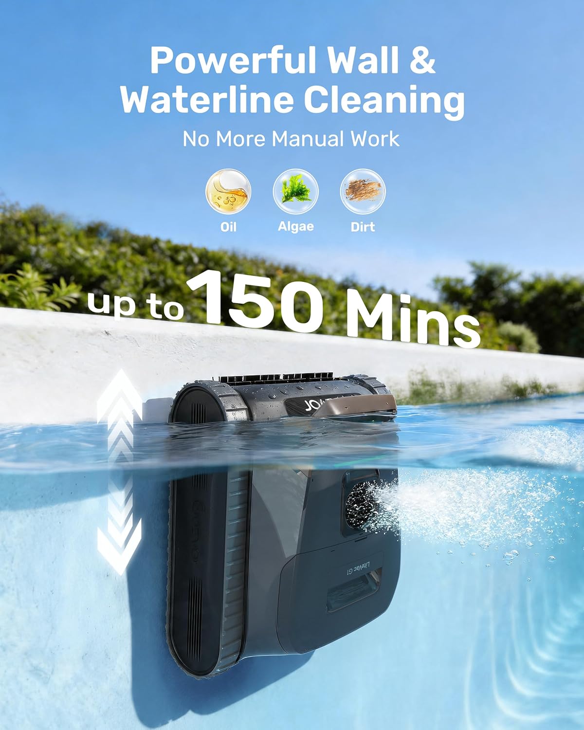 Gosvor LiteVac G1 Pool Vacuum, Wall & Waterline Cleaning, Double Filtration, 150-Min Battery Life for Smart Mode, 200-Min Battery Life for ECO Mode, Smart Navigation, with APP, Grey