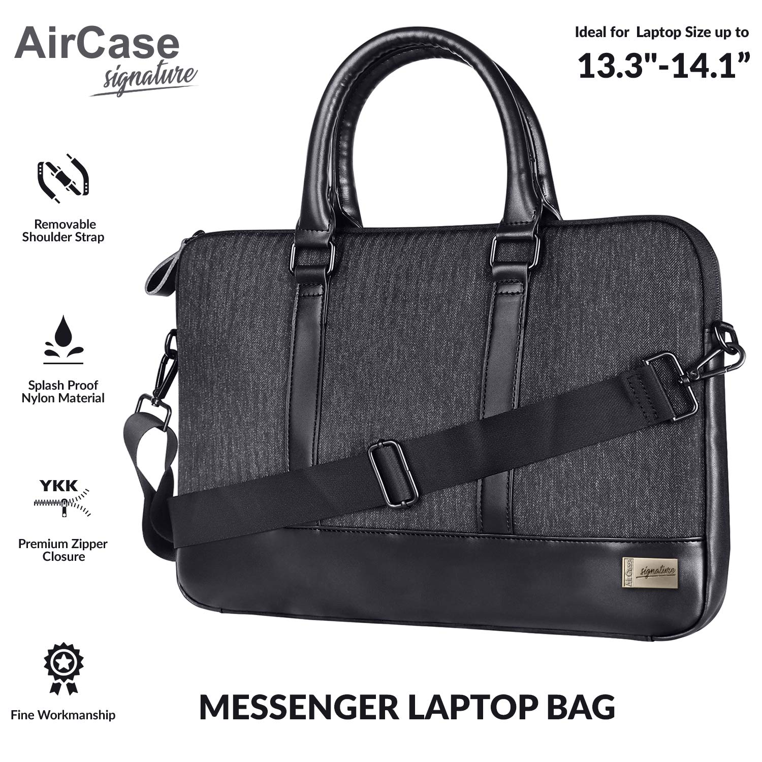 AirCase Polyester Signature CS65-13/33.02cm/14"/35.56cm/35.56cm Designer Laptop Messenger Bag, Premium, Water Resistant, for Office, Men and Women (Black)