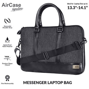 AirCase Polyester Signature CS65-13.3/14 Designer Laptop Messenger Bag, Premium, Water Resistant, for Office, Men and Women (Black)