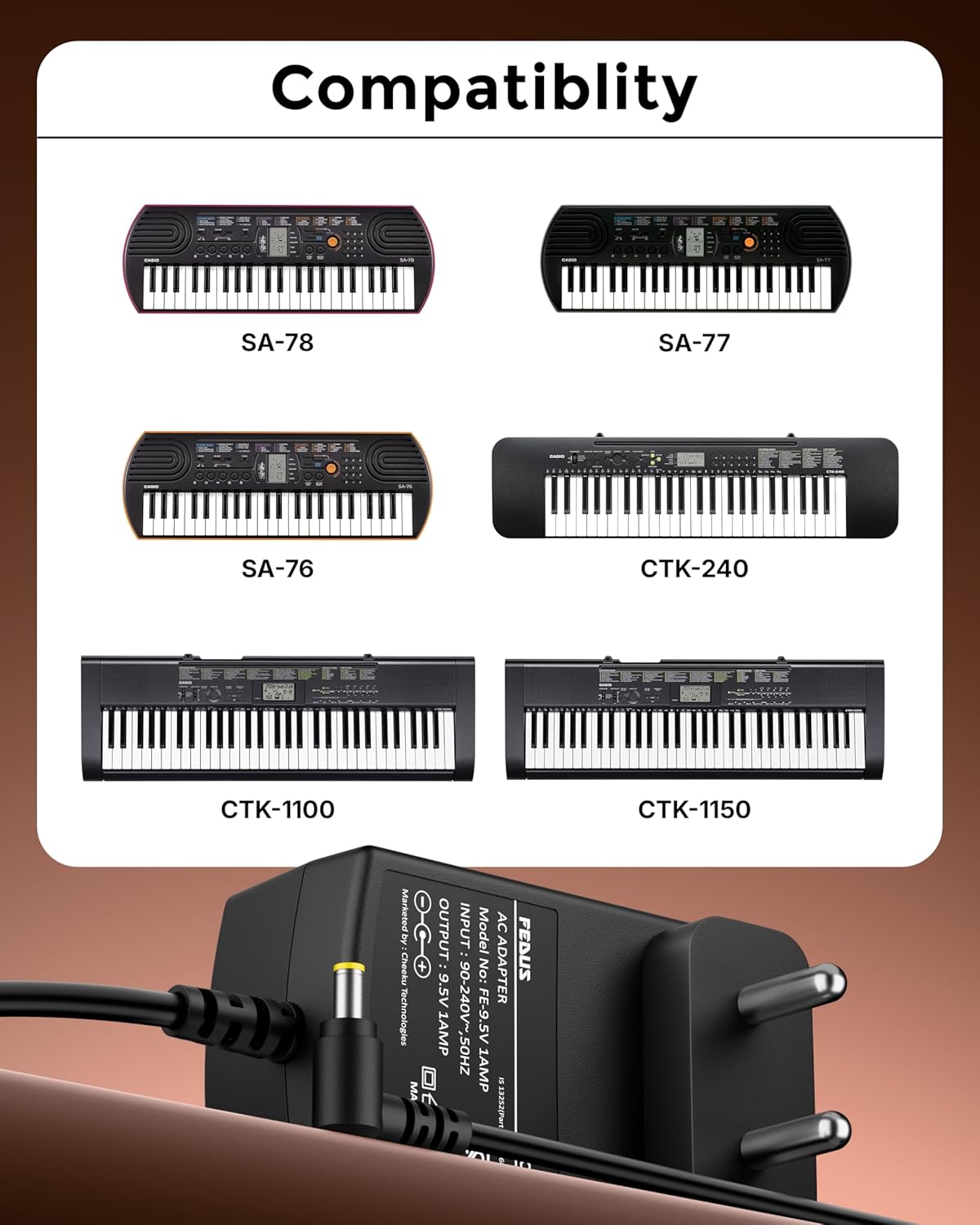 FEDUS ClearTone 9.5V 1A Power Adapter for Casio Piano Electronics Keyboards, Replacement for AD-E95100L, Fits SA-46, SA-47, SA-76, SA-77, CTK-240, CTK-1100, CTK-1150, CTK-1200, 2 meter Extra Long Cord