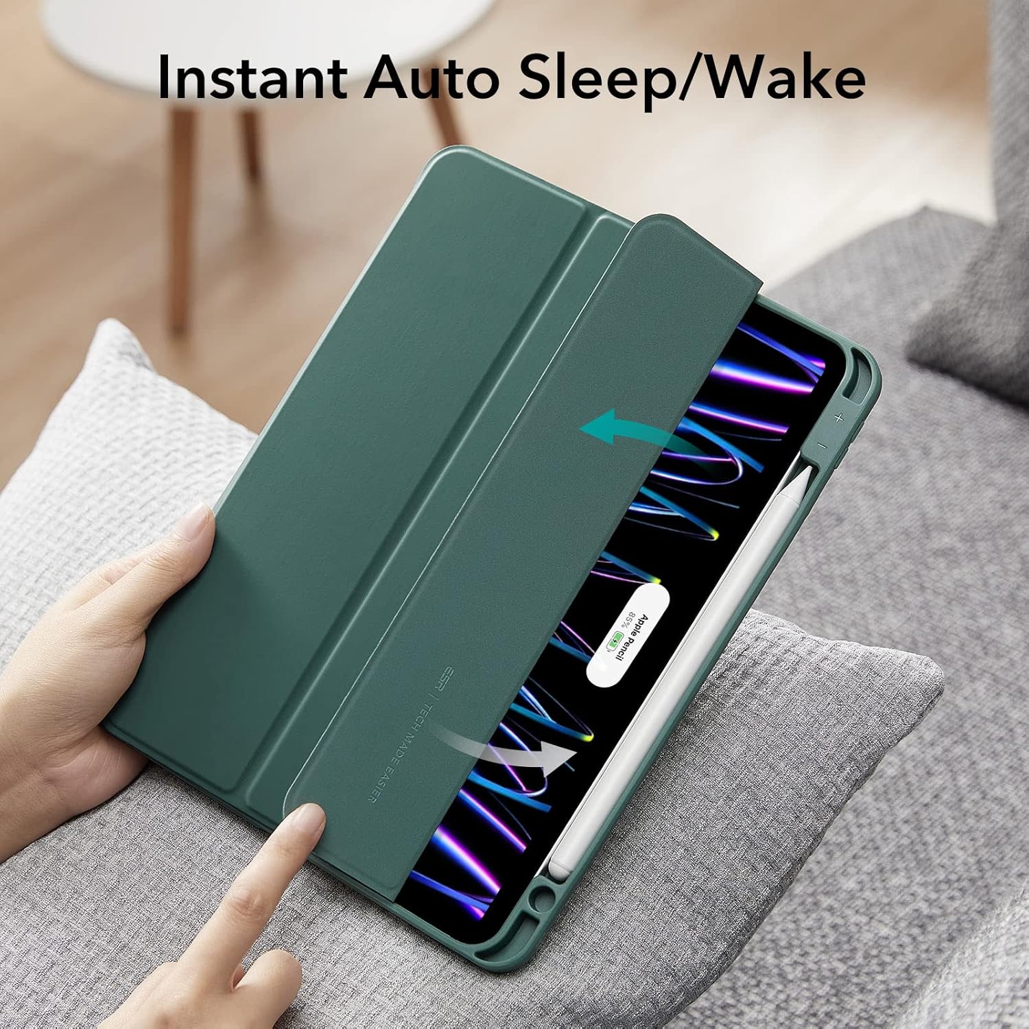 ESR for iPad Pro 11 inch Case (2022/2021/2020/2018, 4th/3rd/2nd/1st Gen), Built-in Pencil Holder, Pencil 2 Support, Flexible Back Cover, Trifold Stand, Auto Sleep/Wake, Rebound Pencil Series, Green
