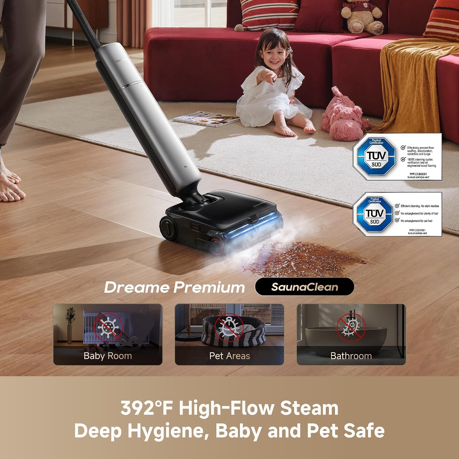 DREAME Aero Ultra Steam Vacuum Mop, 392℉ Steam, 194℉ Hot Water, FoamWash | Wet Dry Vacuum with 30kPa Suction, 3.88in Slim Floor Washer, Auto Self-Clean, Tangle-Free, GlideWheel Assist, LED Headlight