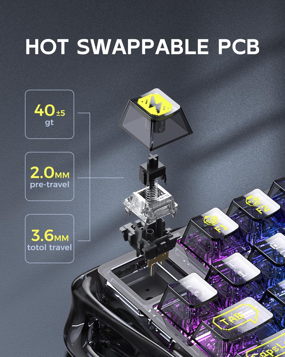 GravaStar Mercury K1 Lite 75% Gaming Keyboard, 2.4GHz/BT/Wired Tri-Mode Wireless Keyboard, Gasket Hot Swappable Mechanical Keyboard, Pre-lubed Linear Switches, RGB Backlit (Transparent Black)