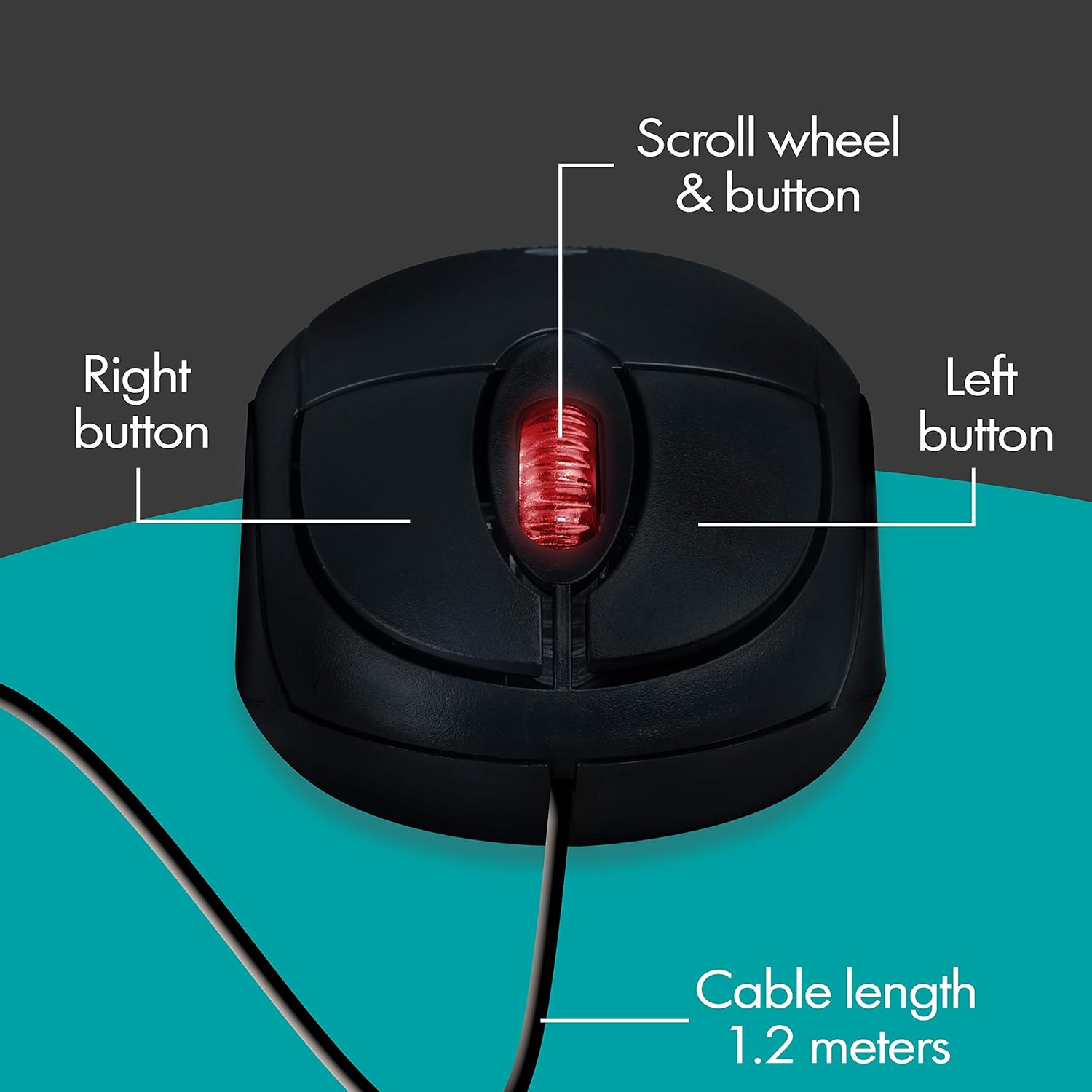 Zebronics Rise, Wired Optical Mouse, 3 Buttons, High Precision, 1200 DPI, Works on Most Surfaces, Plug & Play, USB Interface, 1.2m Cable Length