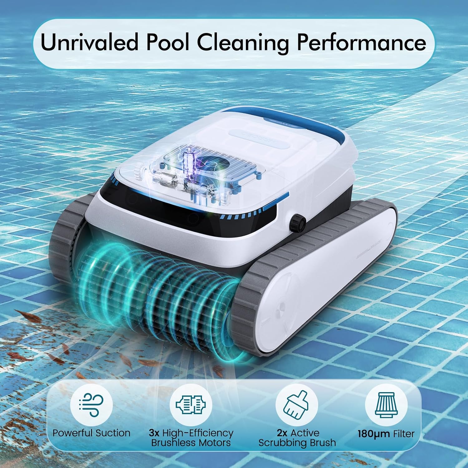 Robotic Pool Vacuum PC10, Cordless Pool Cleaner Robot for Inground & Above Ground Pools, Smart Navigation, 5000GPH Suction Power for Cleaning Floor, Wall & Waterline, Self-Parking, White