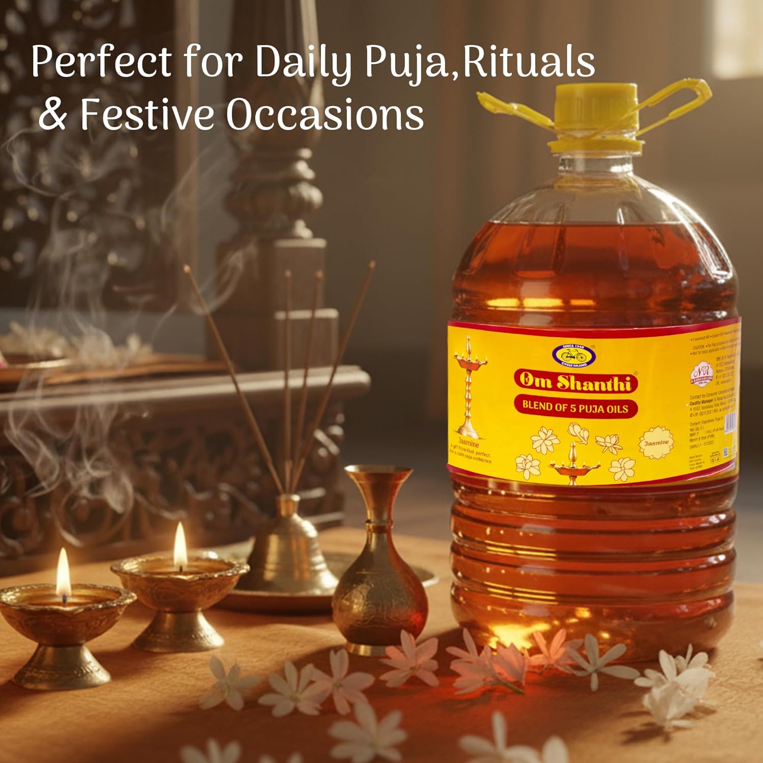 Om Shanthi POOJA MADE PURE Cycle Pure Puja-Oil | 5L Festival & Havan Use | Til-Based Sacred Lamp Blend with Jasmine Fragrance | Daily Rituals & Puja Lamps