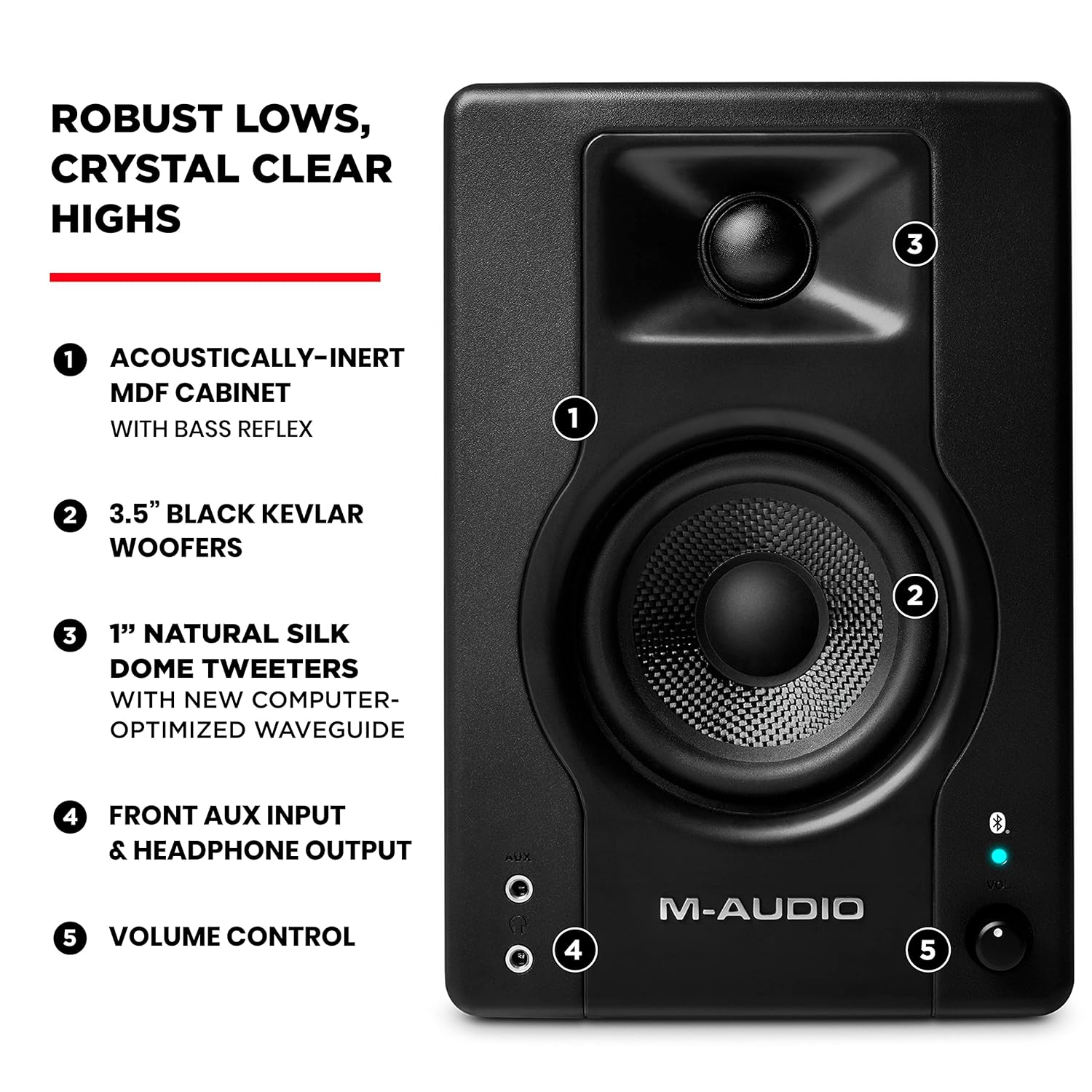 M-Audio BX3BT 3.5" Bluetooth Studio Monitors, HD PC Speakers for Recording and Multimedia with Music Production Software, 120W, Pair