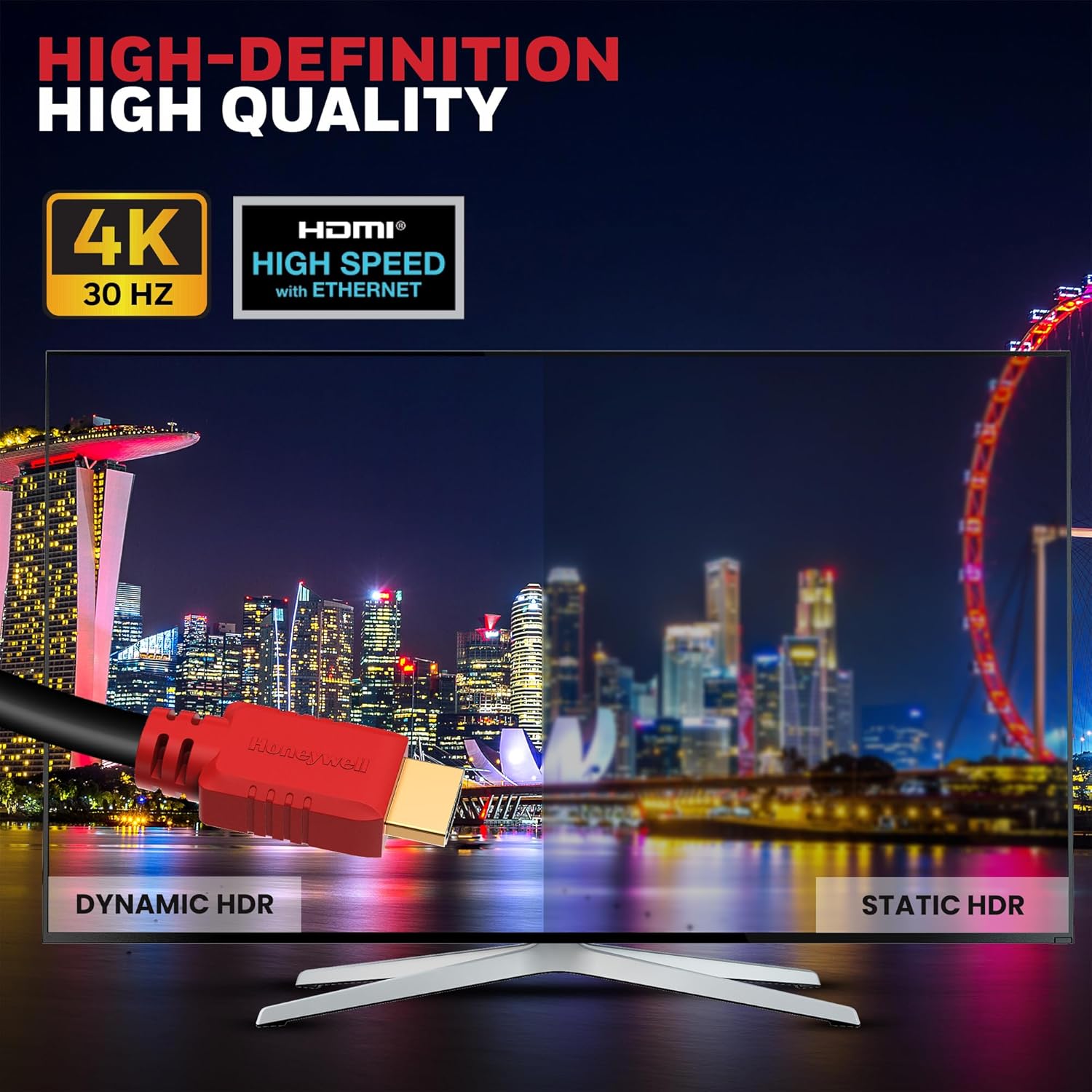 Honeywell HDMI 1.4 Cable with Ethernet (32.8ft/10M) High Speed HDMI Cable 10.2GBPS | Supports 3D /4Kx2K Ultra High Definition | 3D Home Theatre | 3D Gaming | Black