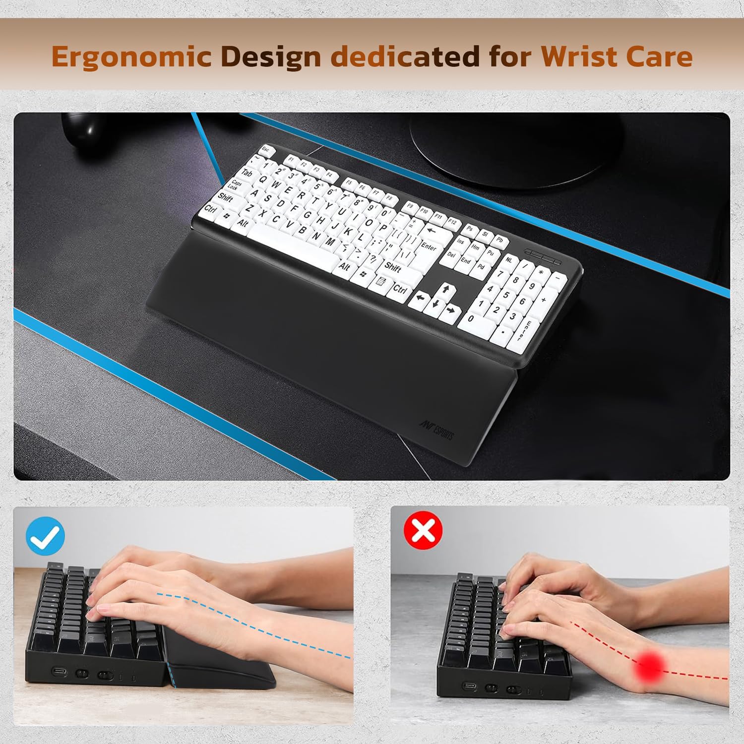 Ant Esports Full Size Keyboard Wrist Rest Pad -18"- Memory Foam Palm Rest with Non-Slip Footpad - Ergonomic Design Wrist Support - Desk Keyboard Accessory Gaming Gear-Full Size-Black
