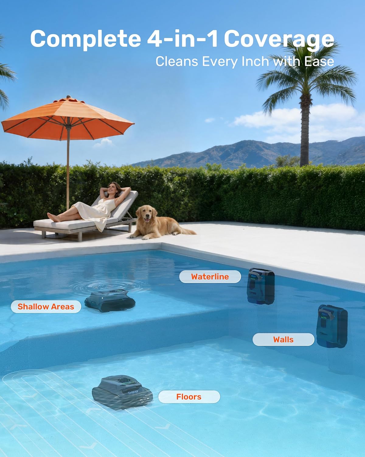 Gosvor LiteVac G1 Pool Vacuum, Wall & Waterline Cleaning, Double Filtration, 150-Min Battery Life for Smart Mode, 200-Min Battery Life for ECO Mode, Smart Navigation, with APP, Grey