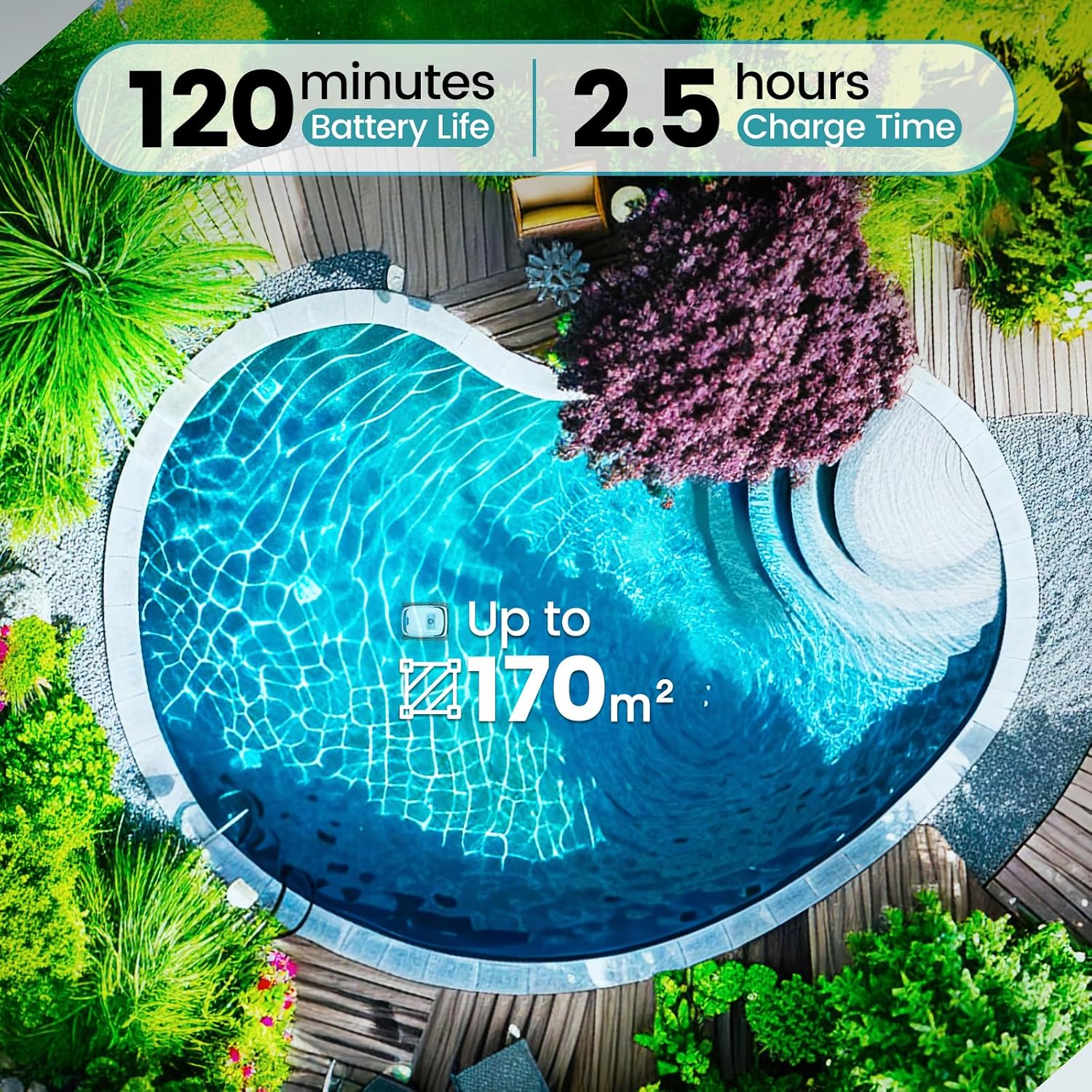 Robotic Pool Vacuum PC10, Cordless Pool Cleaner Robot for Inground & Above Ground Pools, Smart Navigation, 5000GPH Suction Power for Cleaning Floor, Wall & Waterline, Self-Parking, White