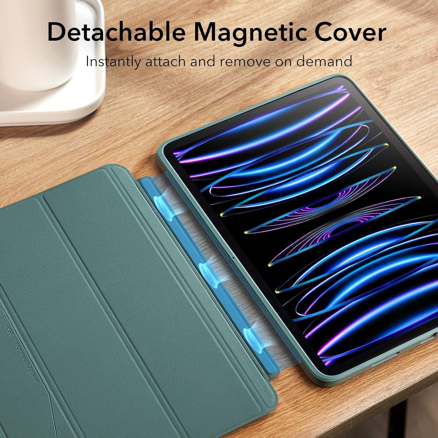 ESR for iPad Pro 11 inch Case (2022/2021, 4th/3rd Generation), iPad Pro Cover with Pencil Holder, Detachable Magnetic Cover, Tough Back Case, Pencil 2 Wireless Charging, Slim and Light, Hybrid Trifold Case, Frosted Green