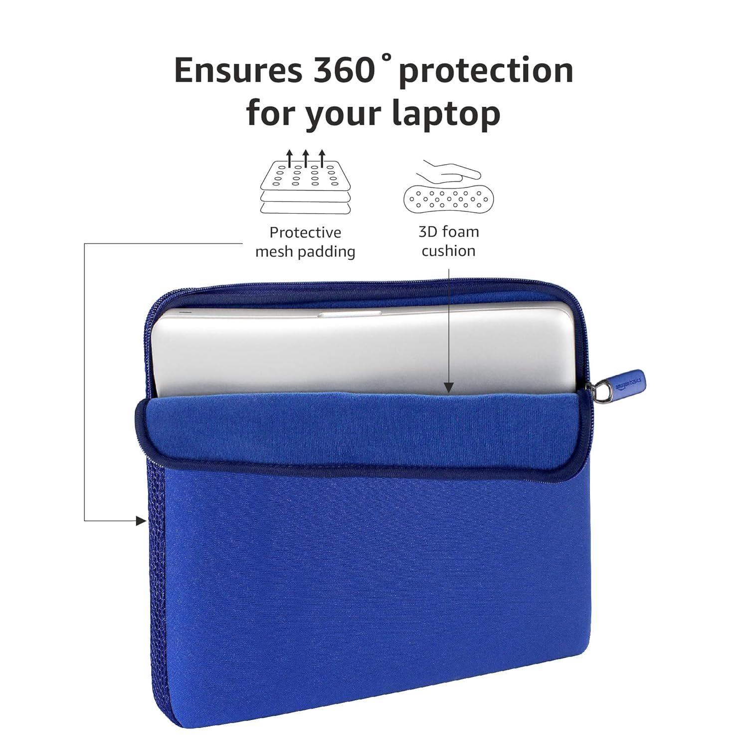 Amazon Basics Laptop Sleeve Case Cover Pouch for 13-Inch, 13.3-Inch Laptop for Men & Women | Slim Profile Neoprene, Soft Puffy Fabric Lining, 360° Protection, Smooth & Premium Zipper (Blue)