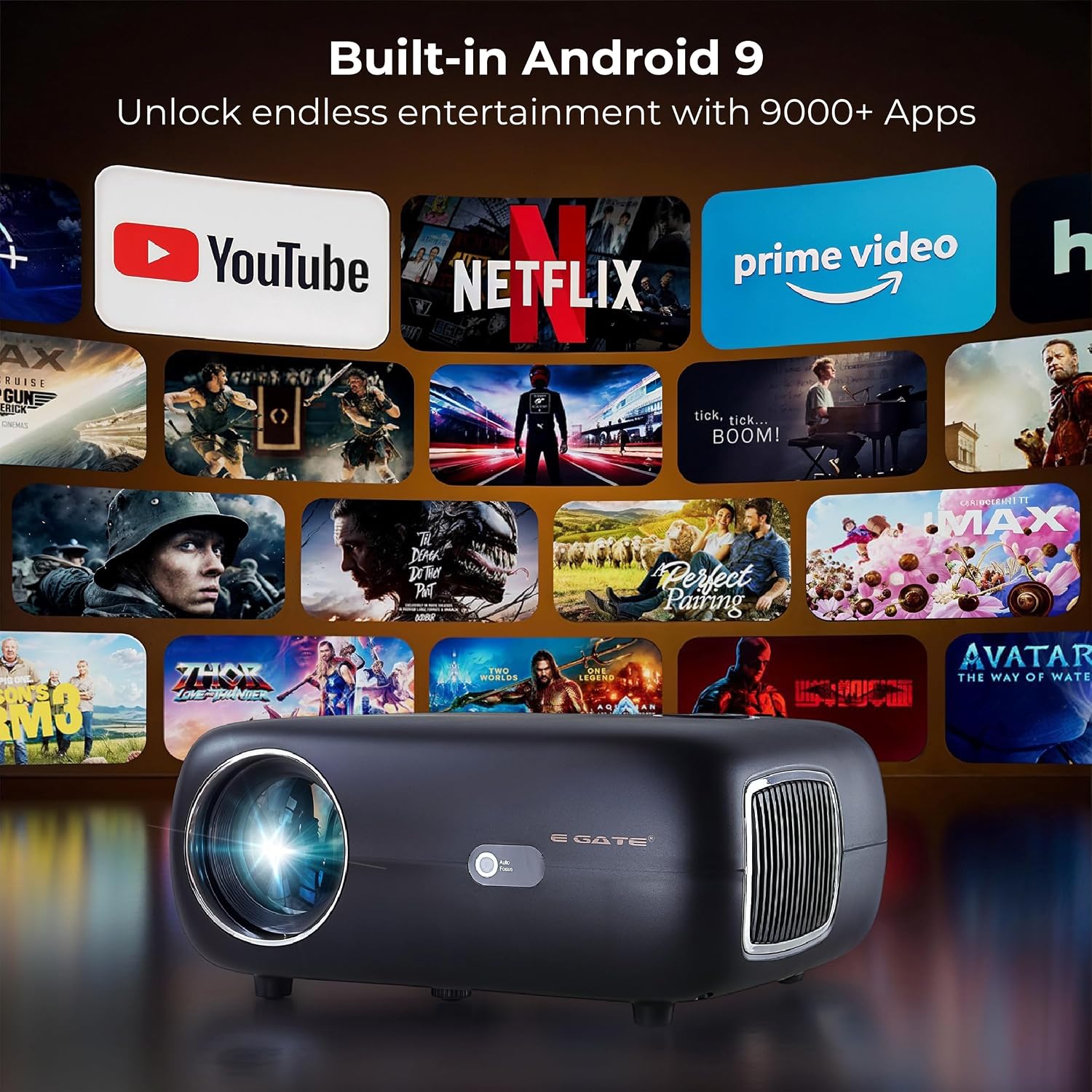 E Gate K9 Pro-Max 6X, Automatic Android Projector | 600 ISO Lumens & 1200fc | Full HD 1080p Native | Auto (Focus + Keystone) | Netflix, Prime etc | 2 HDMI, 2 USB, Dual WiFi & BT | Egate