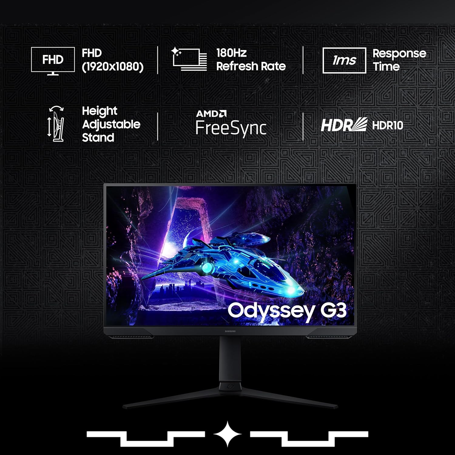 Samsung 24" (60cm) Odyssey G3 Gaming Monitor|FHD 1920 X 1080|180Hz|1ms(MPRT)|AMD Freesync|Ports-DP,HDMI|DP Cable|16.7 Million Colors|Height-Tilt-Pivot Adjustable Stand|Bezeless|LS24DG300EWXXL|Black