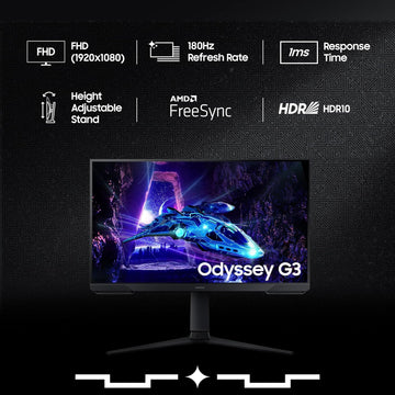 Samsung 24" (60cm) Odyssey G3 Gaming Monitor|FHD 1920 X 1080|180Hz|1ms(MPRT)|AMD Freesync|Ports-DP,HDMI|DP Cable|16.7 Million Colors|Height-Tilt-Pivot Adjustable Stand|Bezeless|LS24DG300EWXXL|Black
