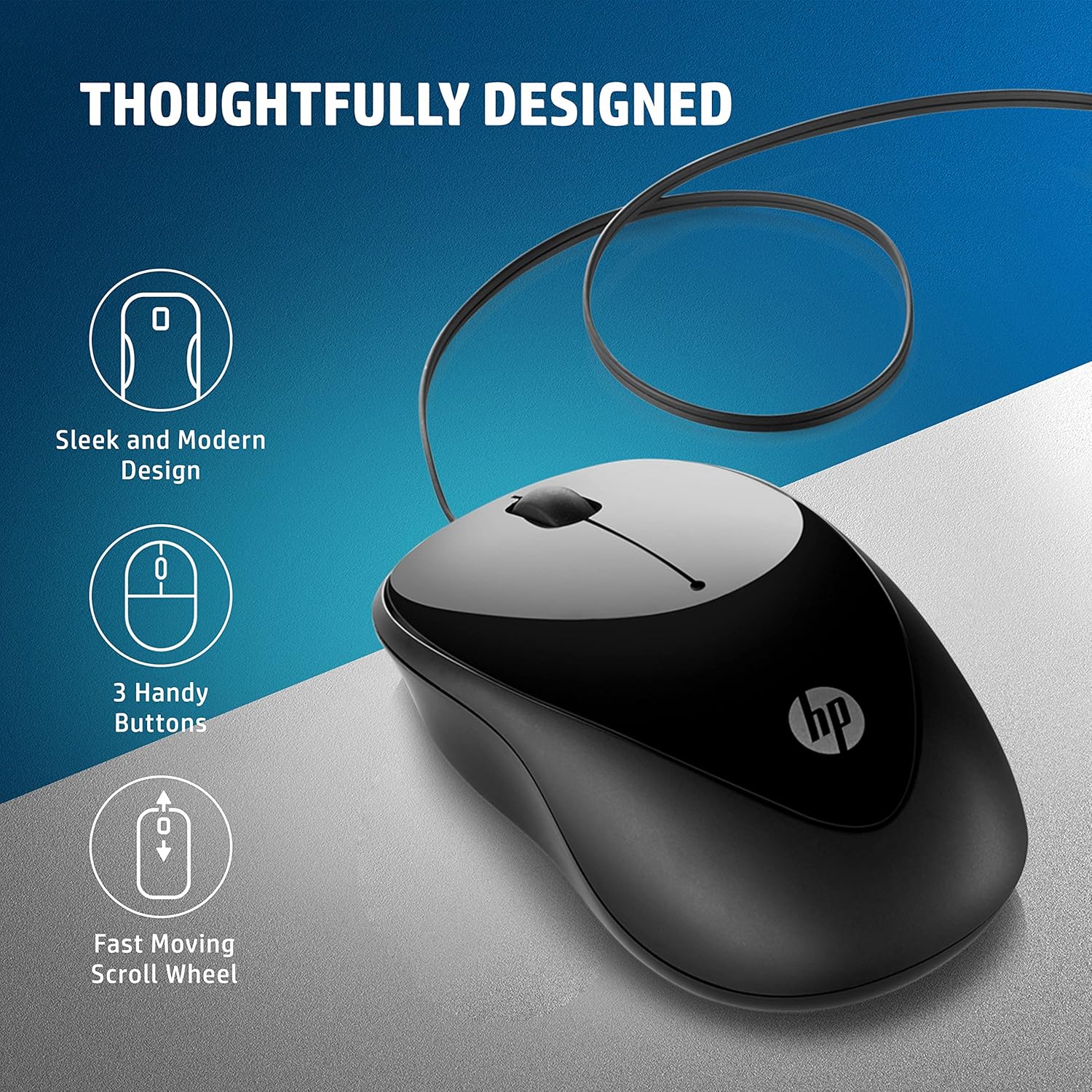 HP X1000 Wired USB Mouse with 3 Handy Buttons, Fast-Moving Scroll Wheel and Optical Sensor Works on Most Surfaces, 3 Years Warranty