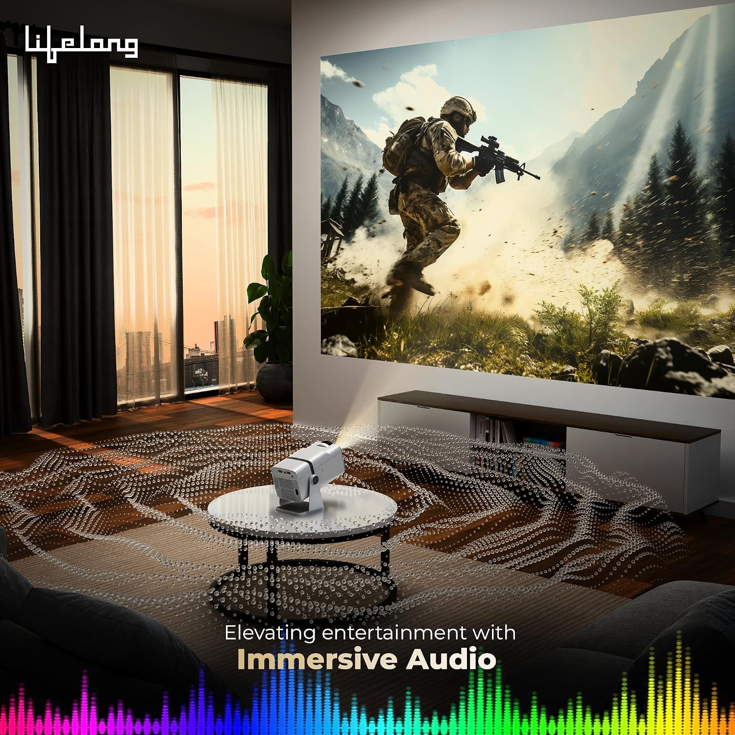 Lifelong Electronics Lightbeam X Smart Projector | Android, 1080P & 4K Ultra HD Support, 2X 3500 Lumens, 720p Native | For Room & Outdoors | All OTT Apps | WiFi/BT,Mirroring,USB,ARC,HDMI,180°,Speakers