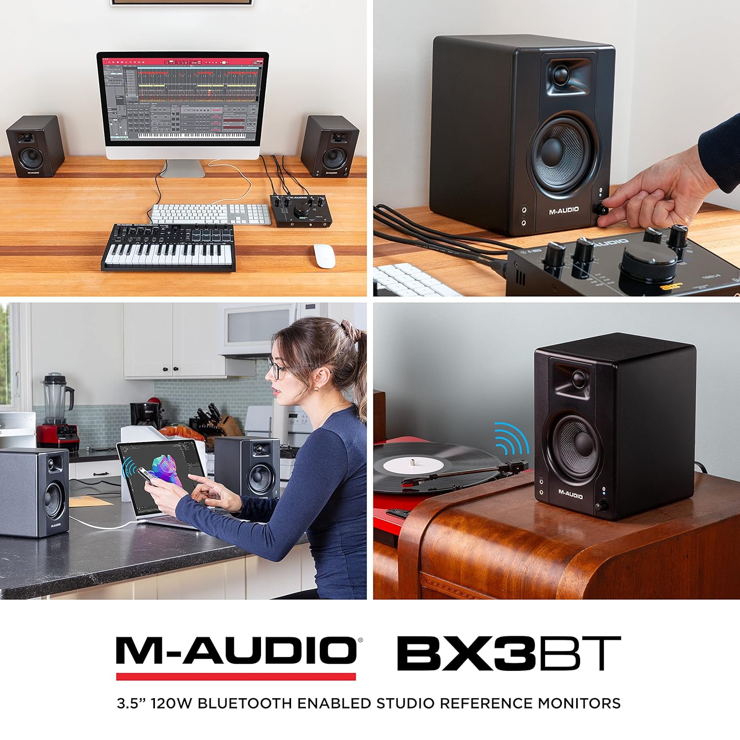 M-Audio BX3BT 3.5" Bluetooth Studio Monitors, HD PC Speakers for Recording and Multimedia with Music Production Software, 120W, Pair