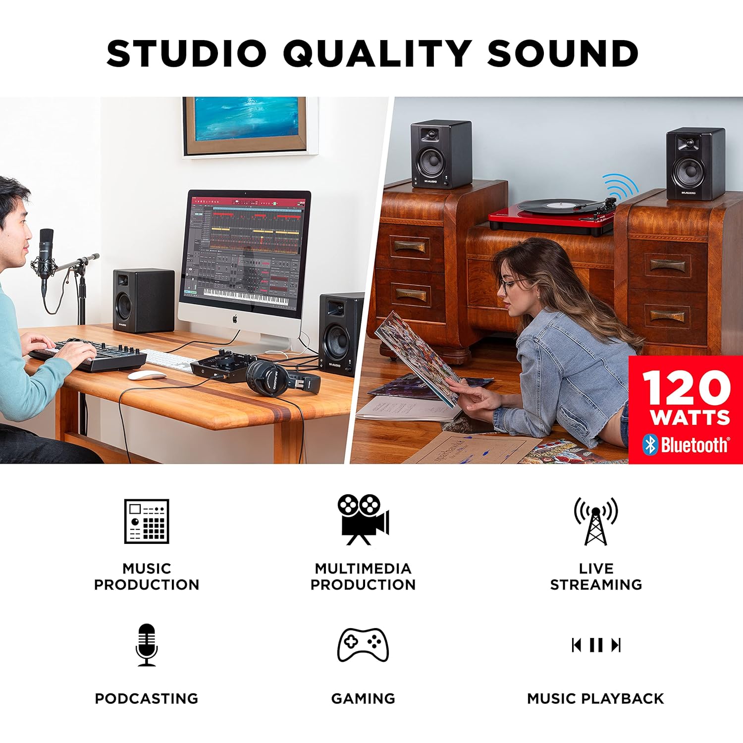 M-Audio BX3BT 3.5" Bluetooth Studio Monitors, HD PC Speakers for Recording and Multimedia with Music Production Software, 120W, Pair